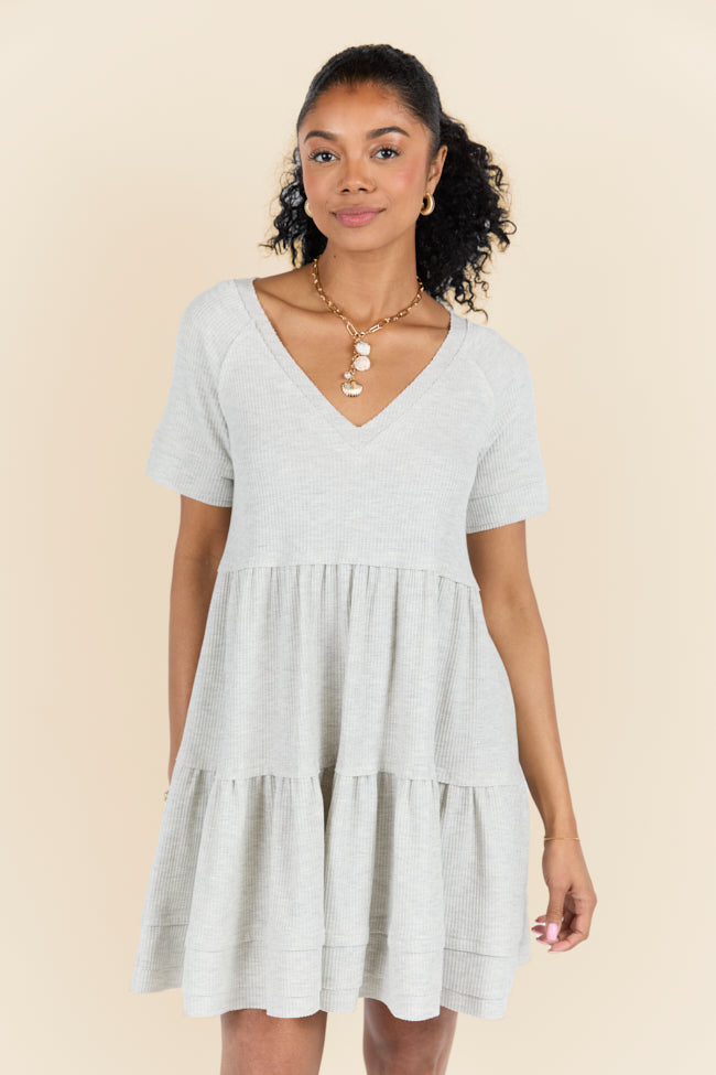 Heather Grey Waffle Knit V-Neck Short Sleeve Dress for Women - Casual Summer Outfit for Beach, Brunch & Date Night