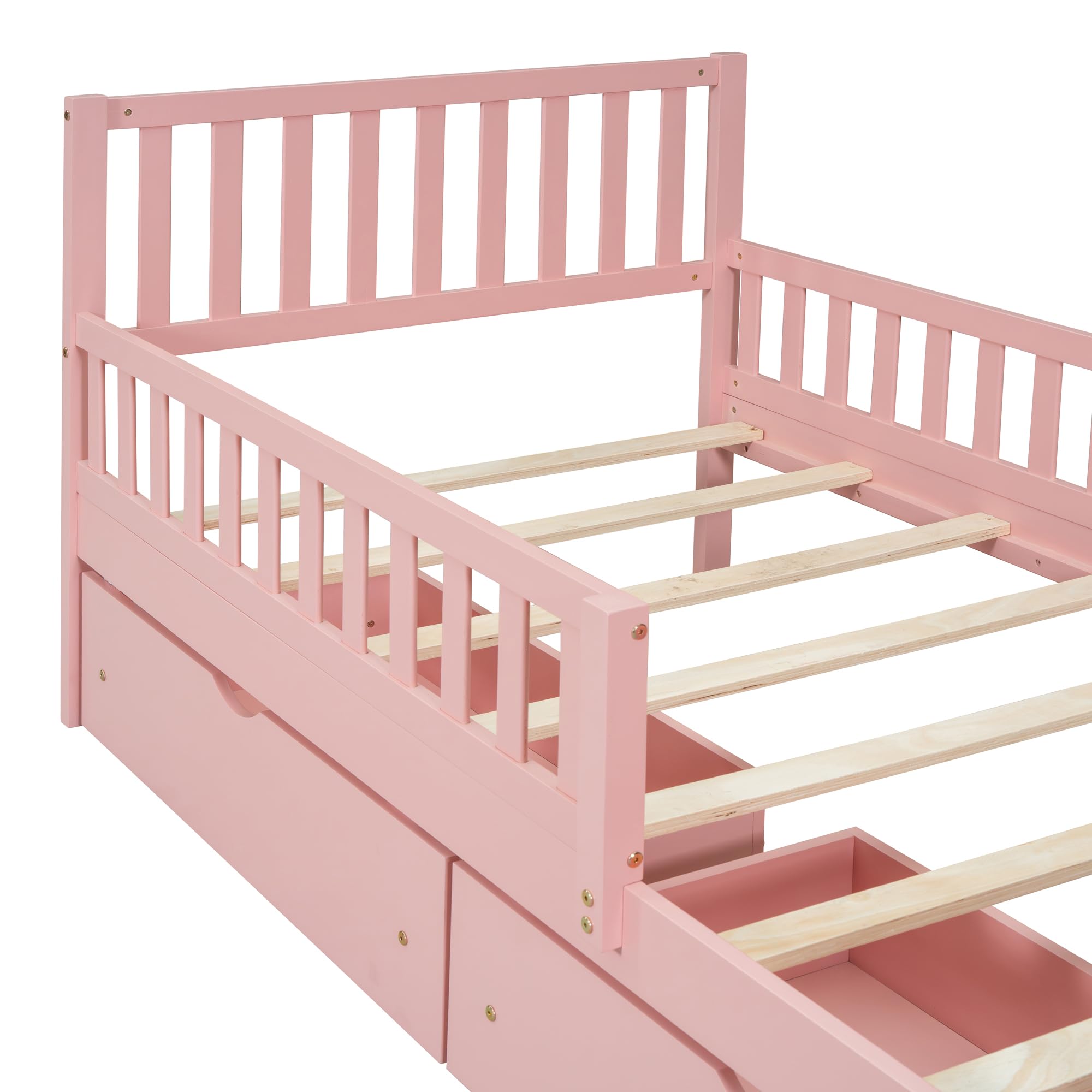 Pink Twin Size Kids Bed Frame with Guardrails, Low Platform Bed with Headboard & Footboard - 2 Storage Drawers for Boys & Girls | Perfect for Small Bedrooms, Daycare Centers & Kids' Sleepovers