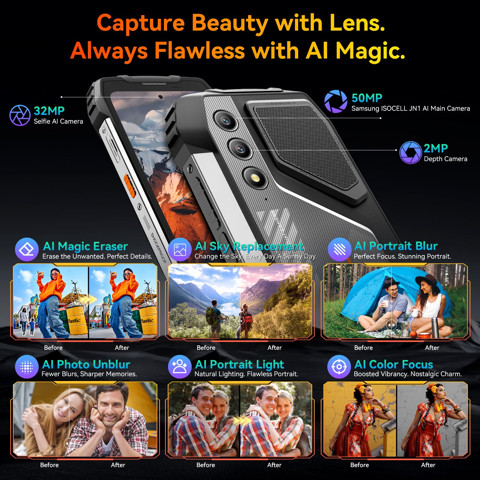 OSCAL Pilot 1 Rugged Smartphone - 15000mAh Battery, 33W Fast Charging, IP69K Military Grade, Android 14 with Gemini AI, 18GB RAM + 256GB/2TB Expandable Storage, Dual SIM, 6.67