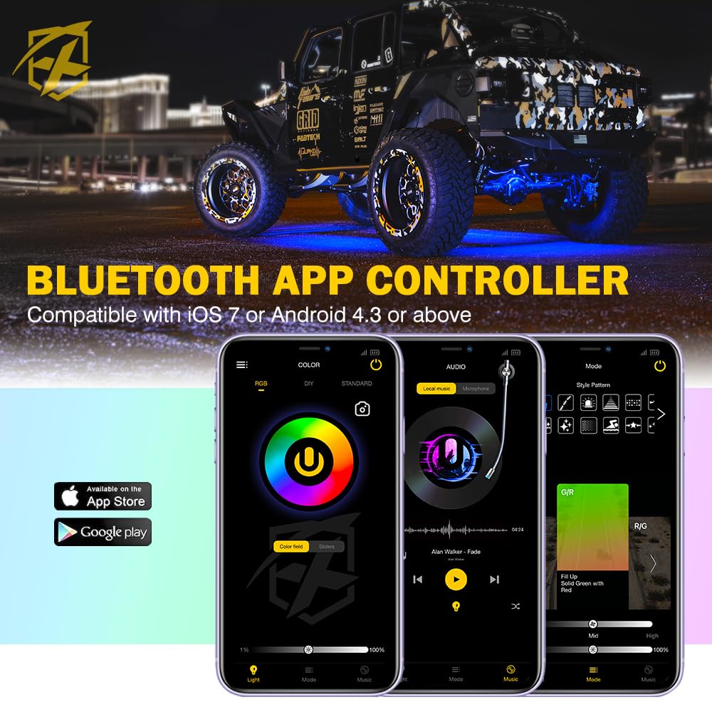 Xprite RGBW LED Rock Lights Kit with Bluetooth & Wireless Remote - 8 Pods Multicolor Underglow Lights for Cars, Trucks, SUVs, UTVs, ATVs, Motorcycles & Boats - Perfect for Off-Roading, Car Shows & Night Cruising