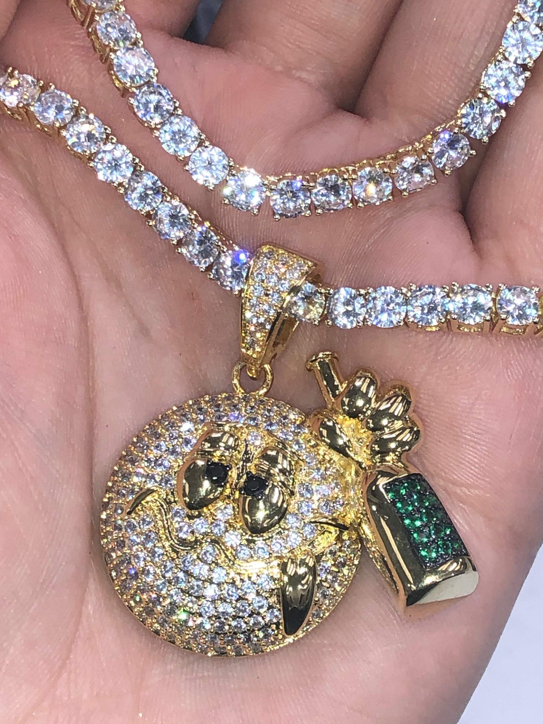 14K Gold Plated Men's Tennis Chain Necklace - 4mm Iced Out Emoji Rappers Choker with Prong Set Stones, 16