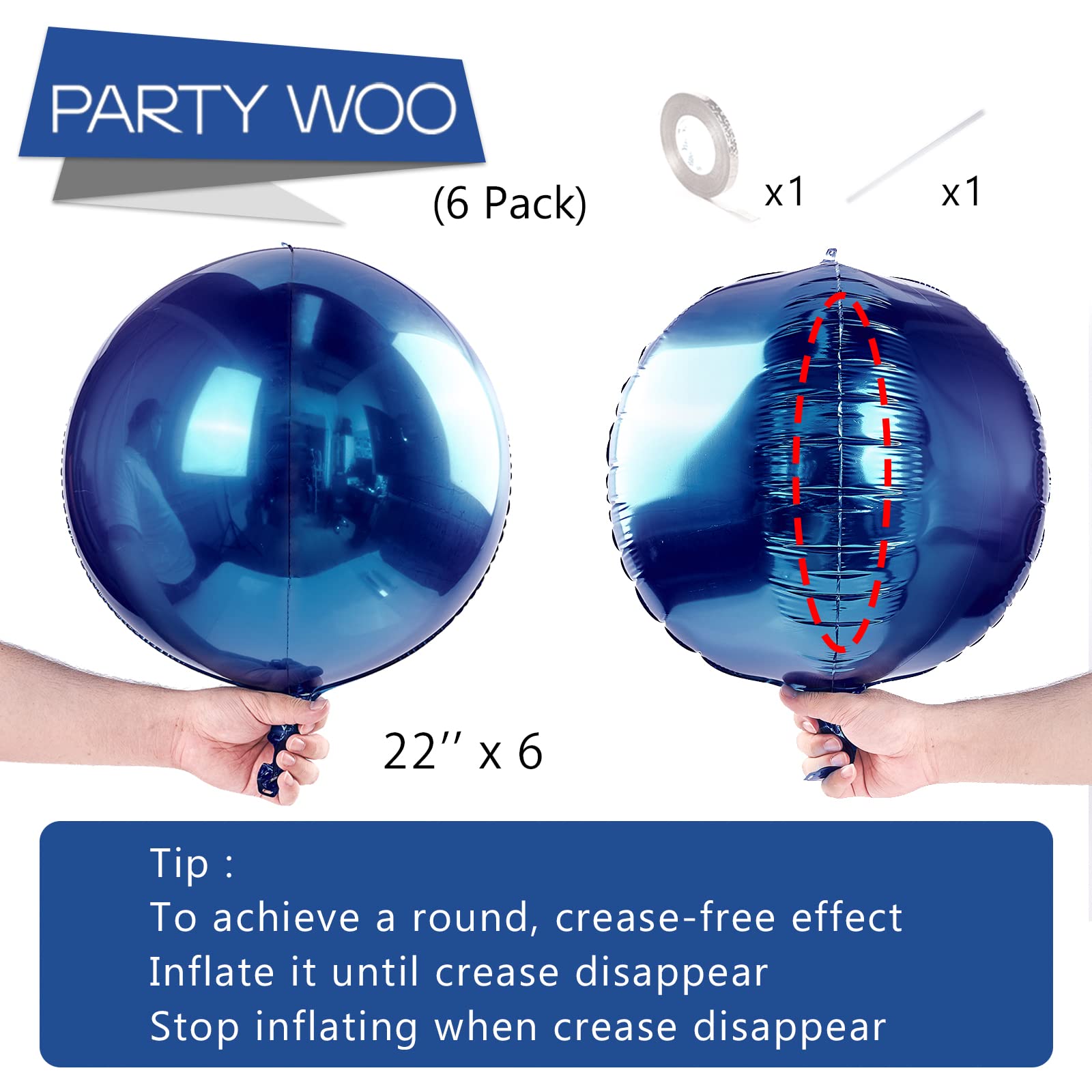 PartyWoo Dark Blue Balloons - 6 Pack 22 Inch Giant 4D Foil Balloons with Ribbon, Large Mylar Balloons for Birthday Party, Wedding & Event Decorations | Perfect for Baby Showers, Graduations & Anniversary Celebrations