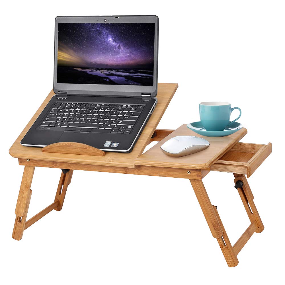 Adjustable Bamboo Laptop Desk with Drawer - Portable Bed Tray Stand for Home Office & Dorm - Perfect for Working, Studying, Drawing & Eating in Bed or on Sofa