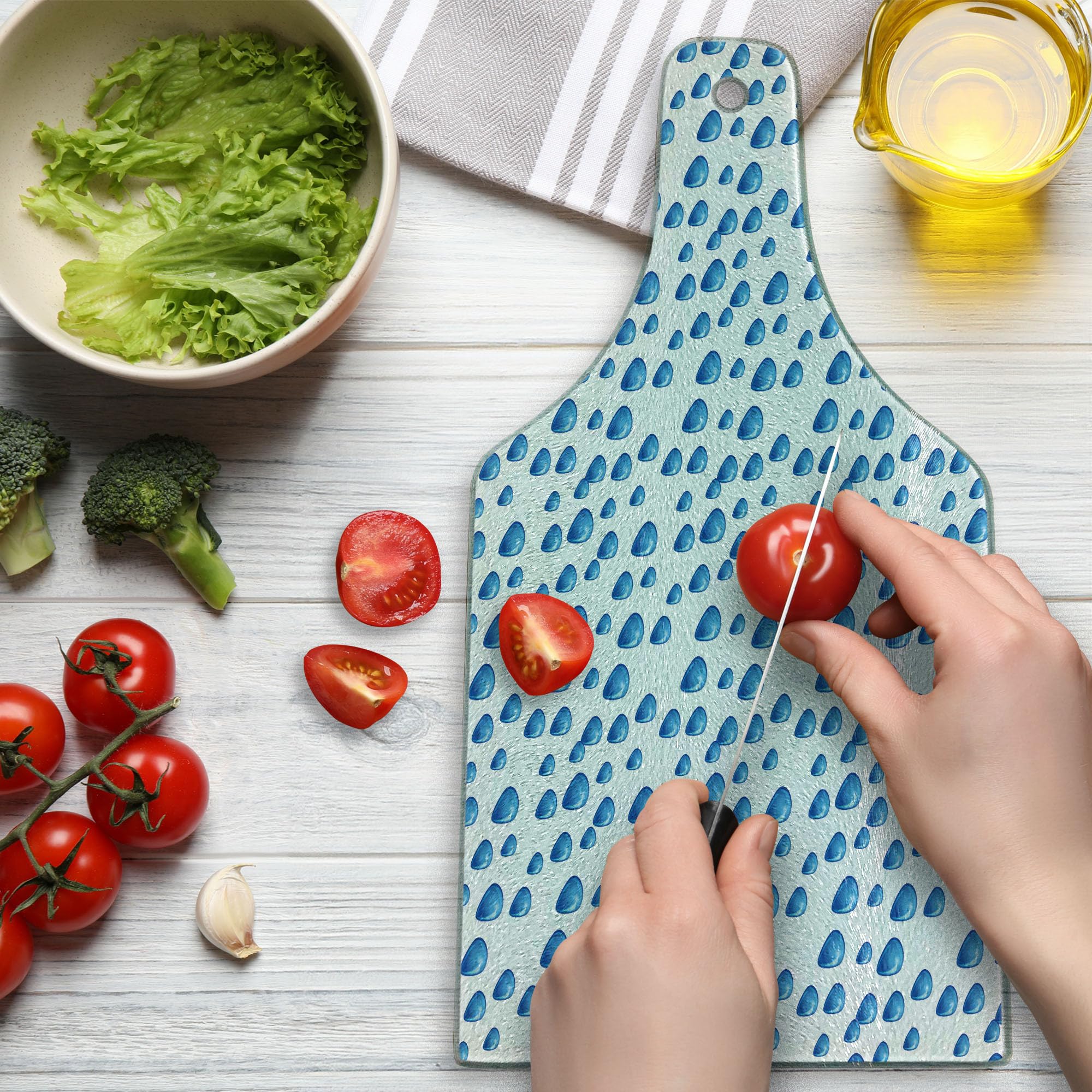 Ambesonne Autumn Themed Tempered Glass Cutting Board - Raindrops Fall Design with Blue and White Wine Bottle Shape - Decorative Serving Board for Kitchen, Cheese Platter & Wine Party Accessories