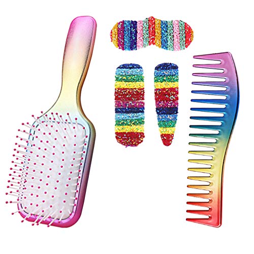FRCOLOR 5-Piece Paddle Hair Brush Set with Glitter - Colorful Hair Clips & Rainbow Styling Brushes for Salon, Barber & Home Use - Professional Hairdressing Tools for Smoothing, Detangling & Styling (Perfect for Daily Hair Care, Salon Treatments & DIY Styling)