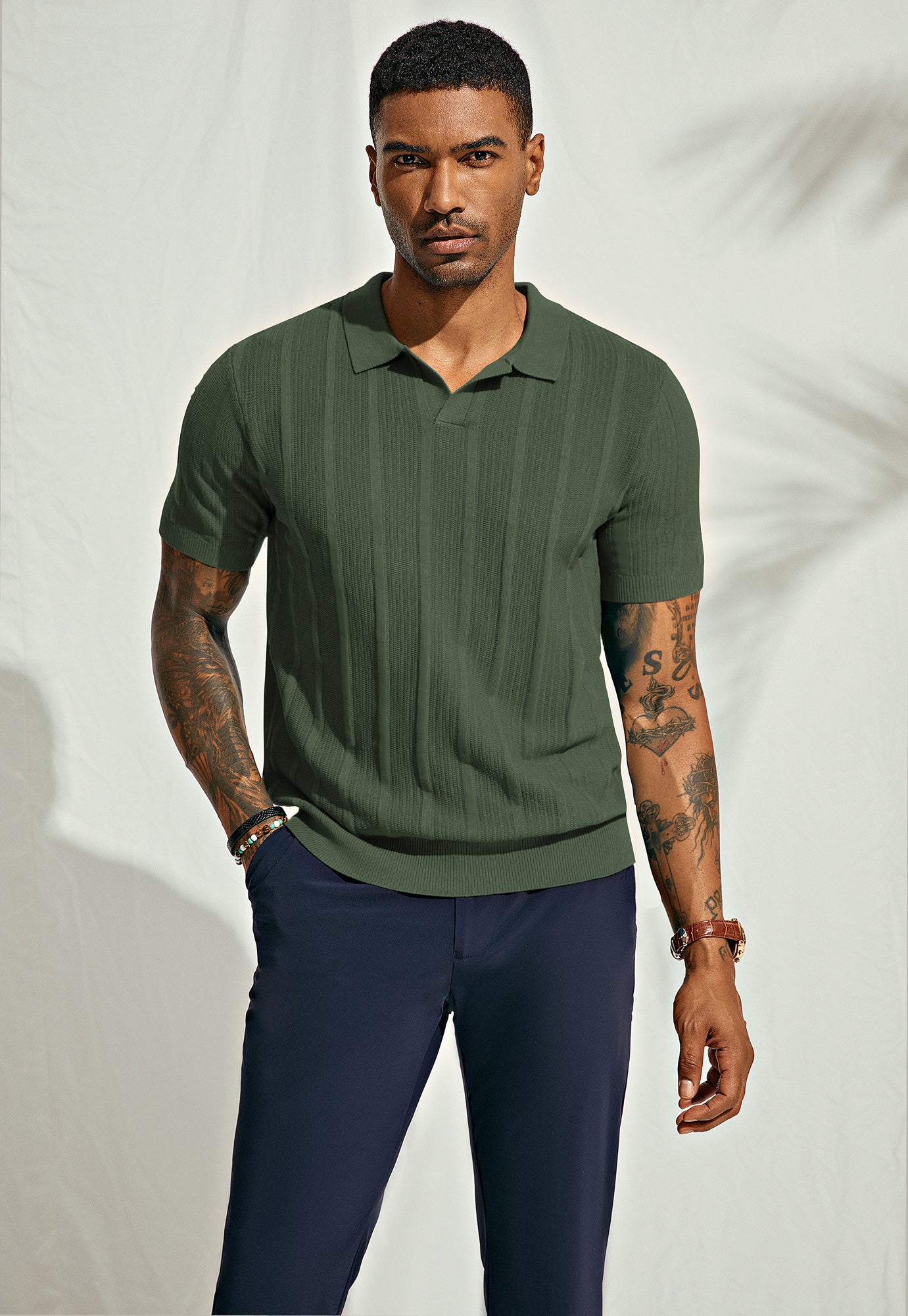 Men's Textured Knit V-Neck Polo Shirts - Breathable Golf Shirt for Men - Perfect for Golf, Casual Wear & Outdoor Activities