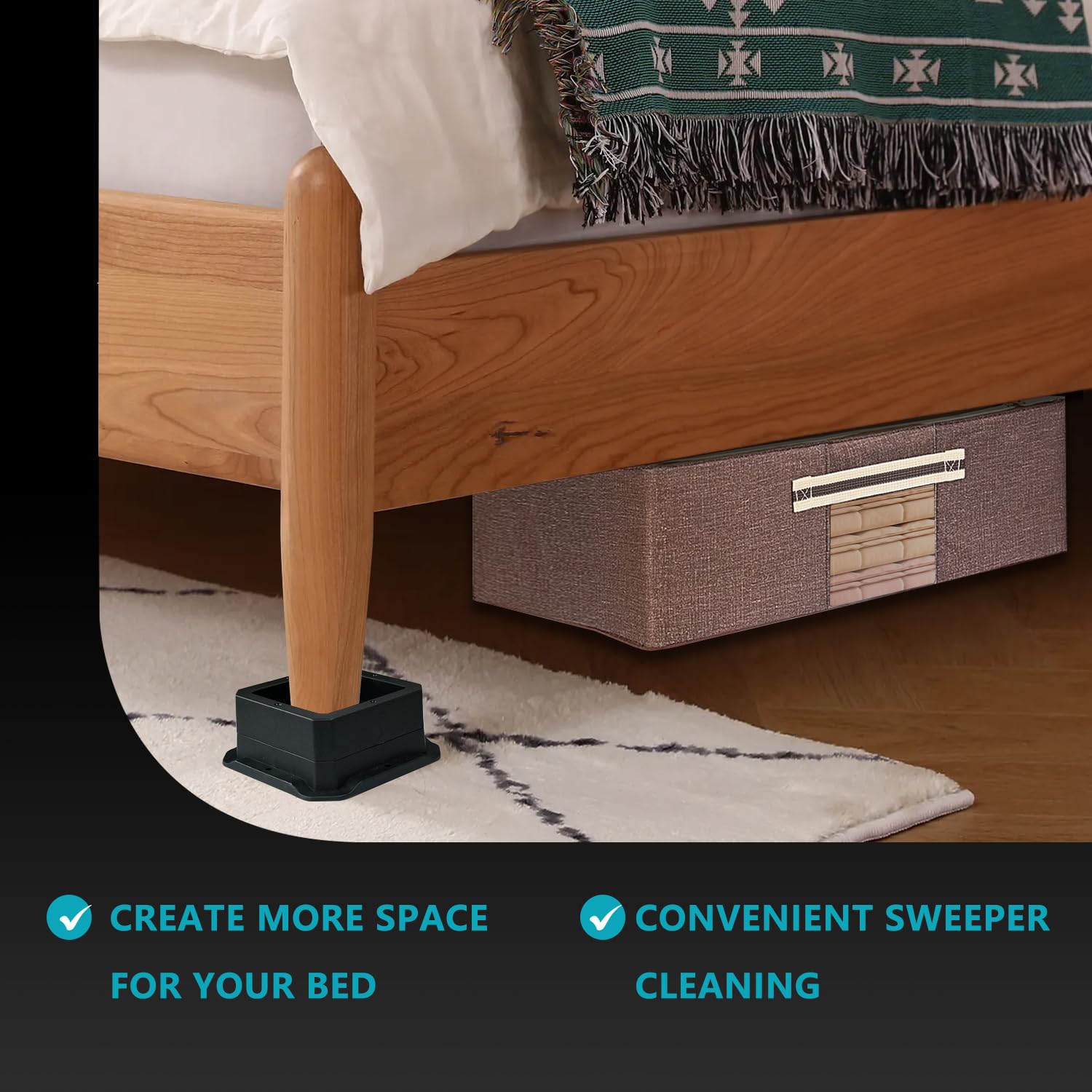 Heavy Duty 1 Inch Bed Risers - Sturdy Bed Frame Lifts for Table, Couch & Dorm Use - Black - Perfect for Extra Storage Space & Adjustable Height (Set of 4)