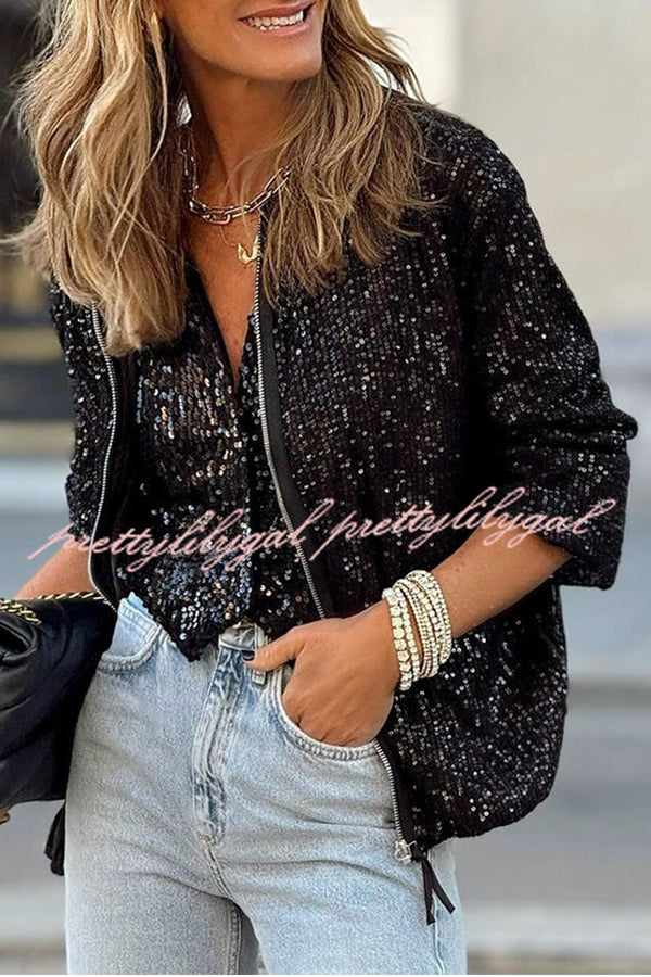 Star Kisses Sequin Zipped Long Sleeve Party Coat for Women - Glamorous Shiny Jacket for Evening Events, Club Outings & Special Occasions