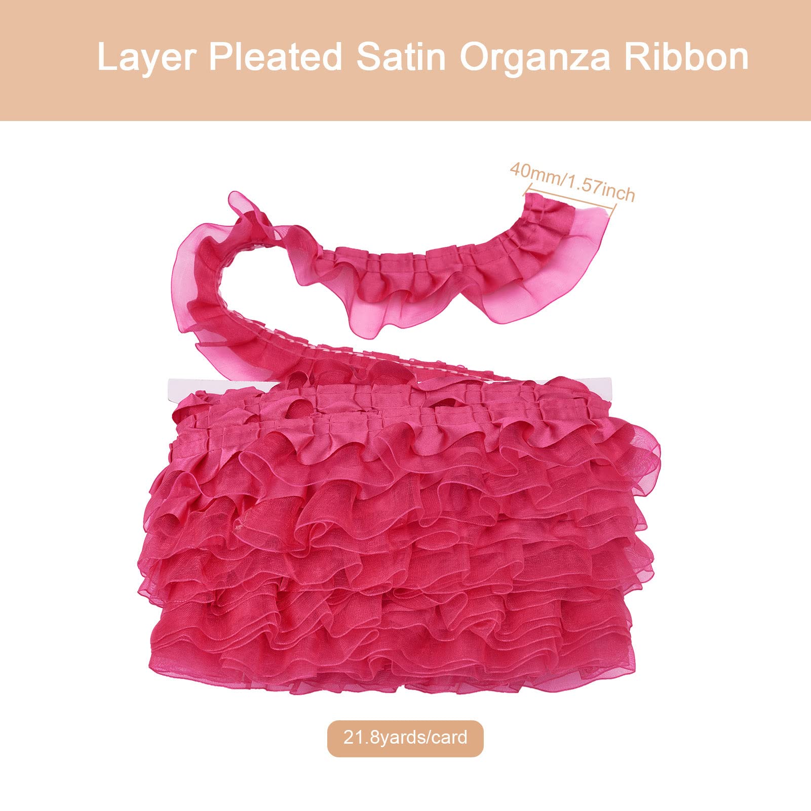 Pandahall 21.8 Yards Deep Pink Satin Organza Lace Trim - 2-Layer Gathered Ruffle Chiffon Ribbon, 1-5/8 Inch Pleated Edging for Sewing, Embroidery & Fabric Applique - Perfect for Wedding Decor, Party Dress Trims & DIY Craft Projects