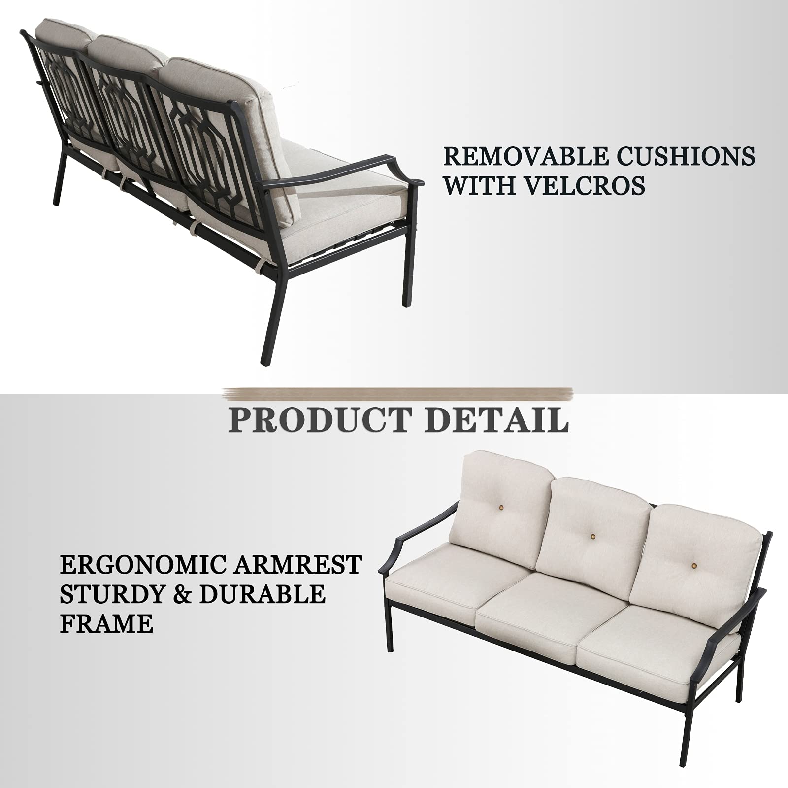 2-Piece Outdoor Metal Loveseat Patio Set with Coffee Table & Cushions - 3-Seater Garden Sofa for Deck, Porch, Backyard - Weather-Resistant Beige Furniture (Perfect for Outdoor Entertaining & Relaxation)