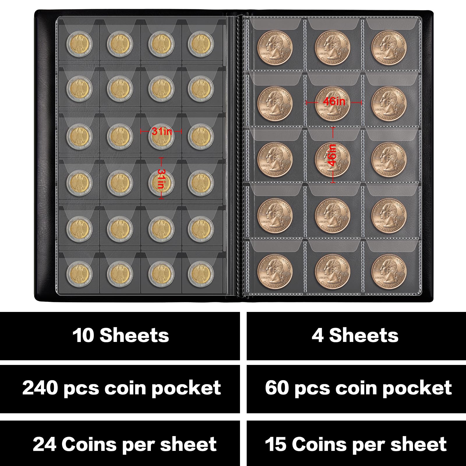 Premium Coin Collection Book Holder Album for Collectors - 300 Pockets Coin Display Storage Case with Protective Sleeves - Organizer Box for Money, Currency & Penny Collections (Dark Blue) - Perfect for Coin Collectors, Numismatic Displays & Gift Giving