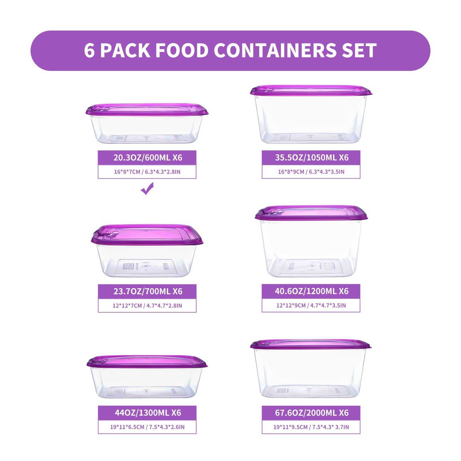 KIGI 6-Pack 20oz Airtight Plastic Food Storage Containers with Lids - BPA-Free Rectangle Meal Prep Containers for Kitchen, Microwave, Freezer & Dishwasher Safe - Perfect for Meal Prepping, Leftovers & Food Organization
