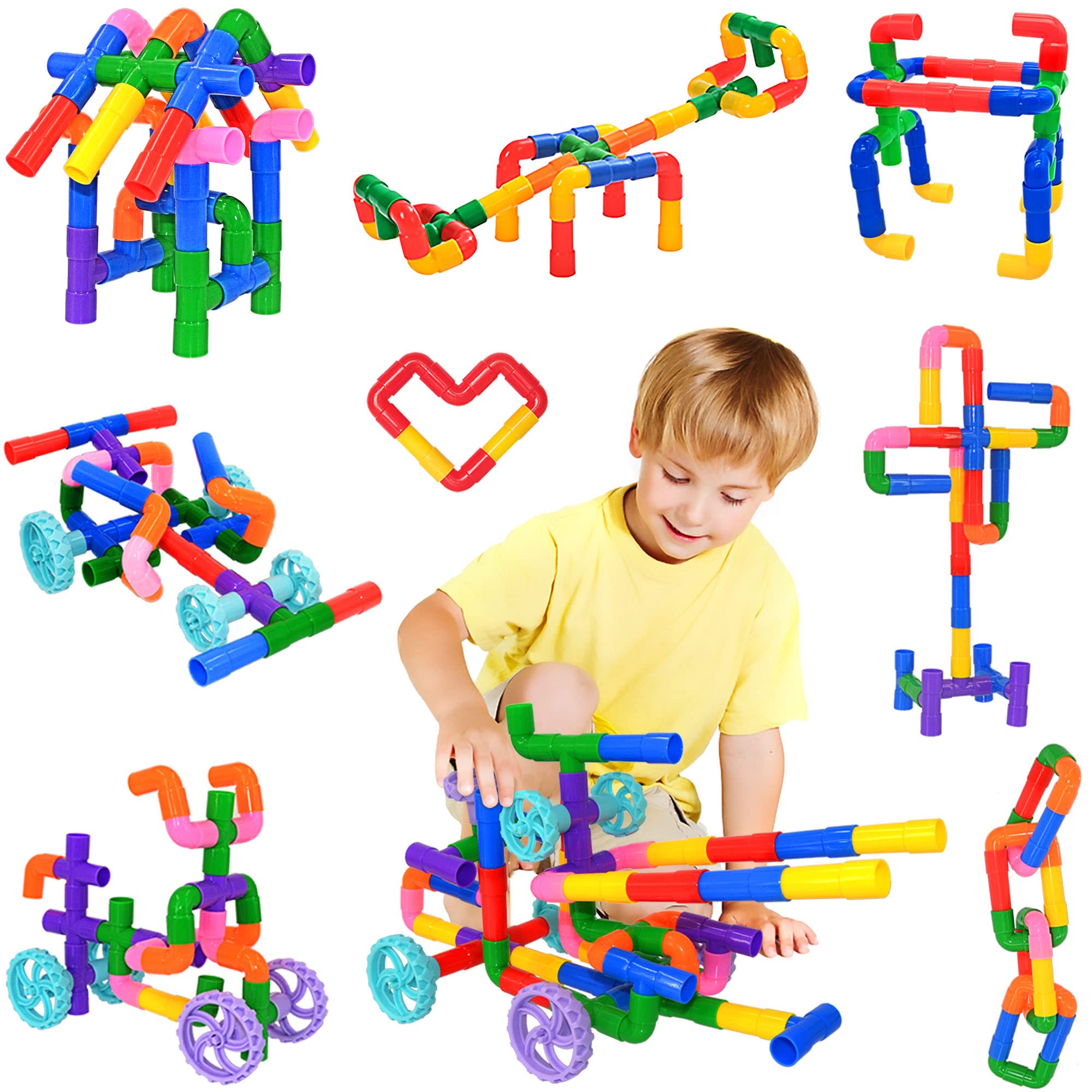 FUBAODA 96 Pcs STEM Pipe Tube Building Toys Set - Educational Construction Blocks with Wheels, Spouts & Joints for Kids Ages 3+ | Creative Learning, Preschool Classroom & Birthday Gift Idea