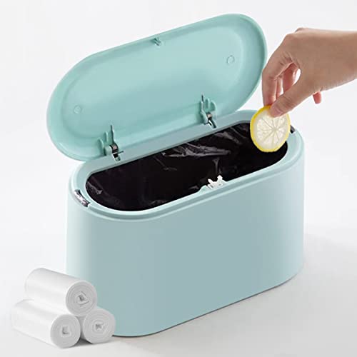 Mini Countertop Trash Can with 90pcs Trash Bags - Small Press-Type Lid Garbage Bin with Hidden Bag - Compact Desktop Waste Basket for Bathroom, Kitchen, Bedroom & Office (Blue) - Perfect for Small Spaces, Dorm Rooms and Workstations
