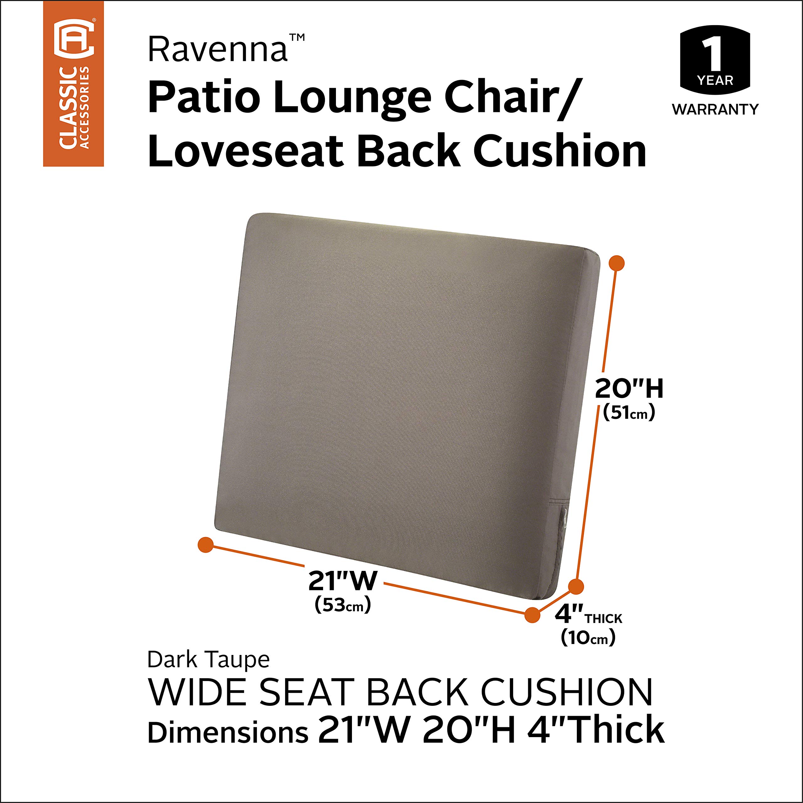 Classic Accessories 62-024-TAUPE-EC Ravenna Outdoor Loveseat Back Cushion - Dark Taupe, 1-Pack - Waterproof & UV Resistant for Patio, Deck, and Garden Furniture Comfort