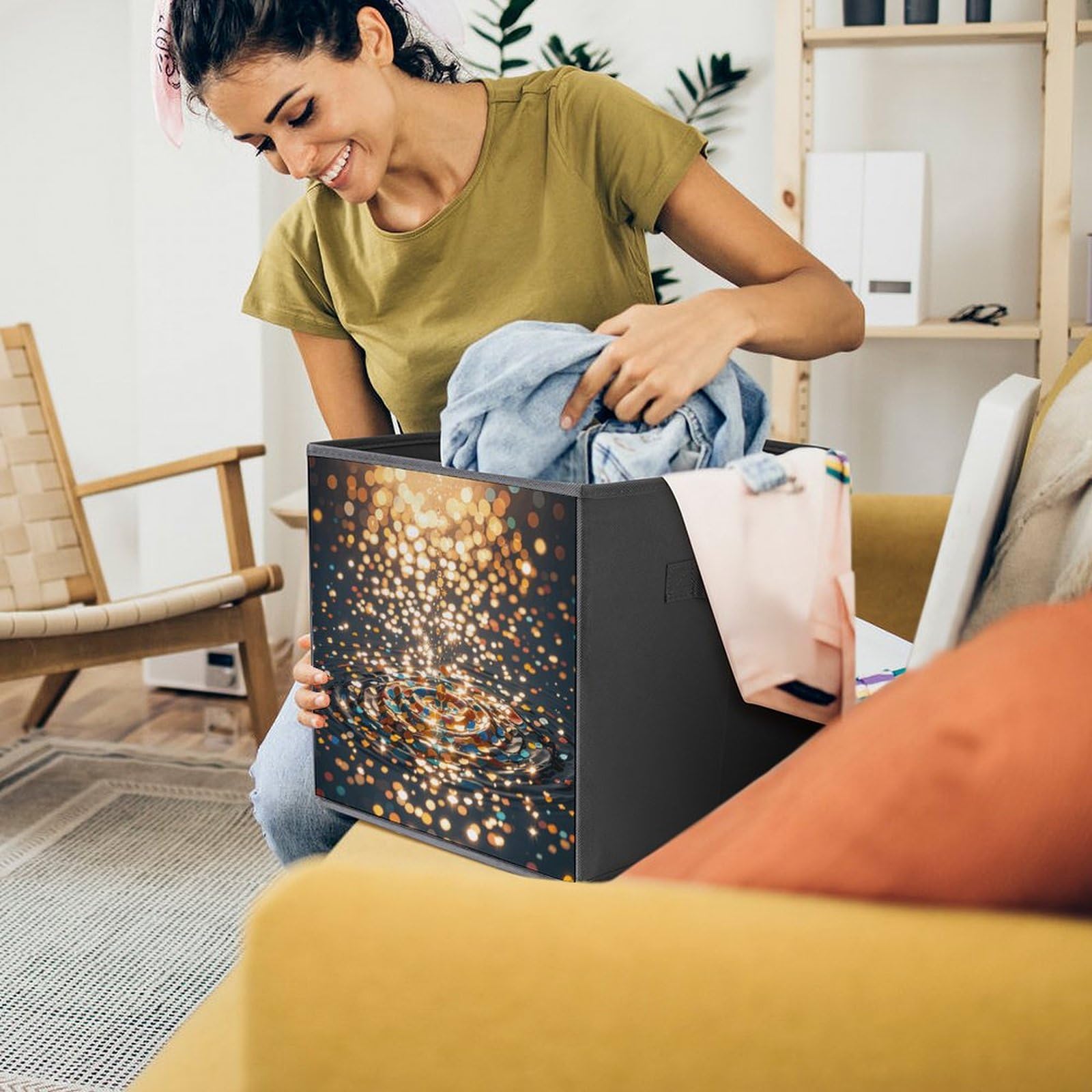 Gradient Sequin Storage Bins - Collapsible Organizer Box with Handle for Shelves & Home Decor