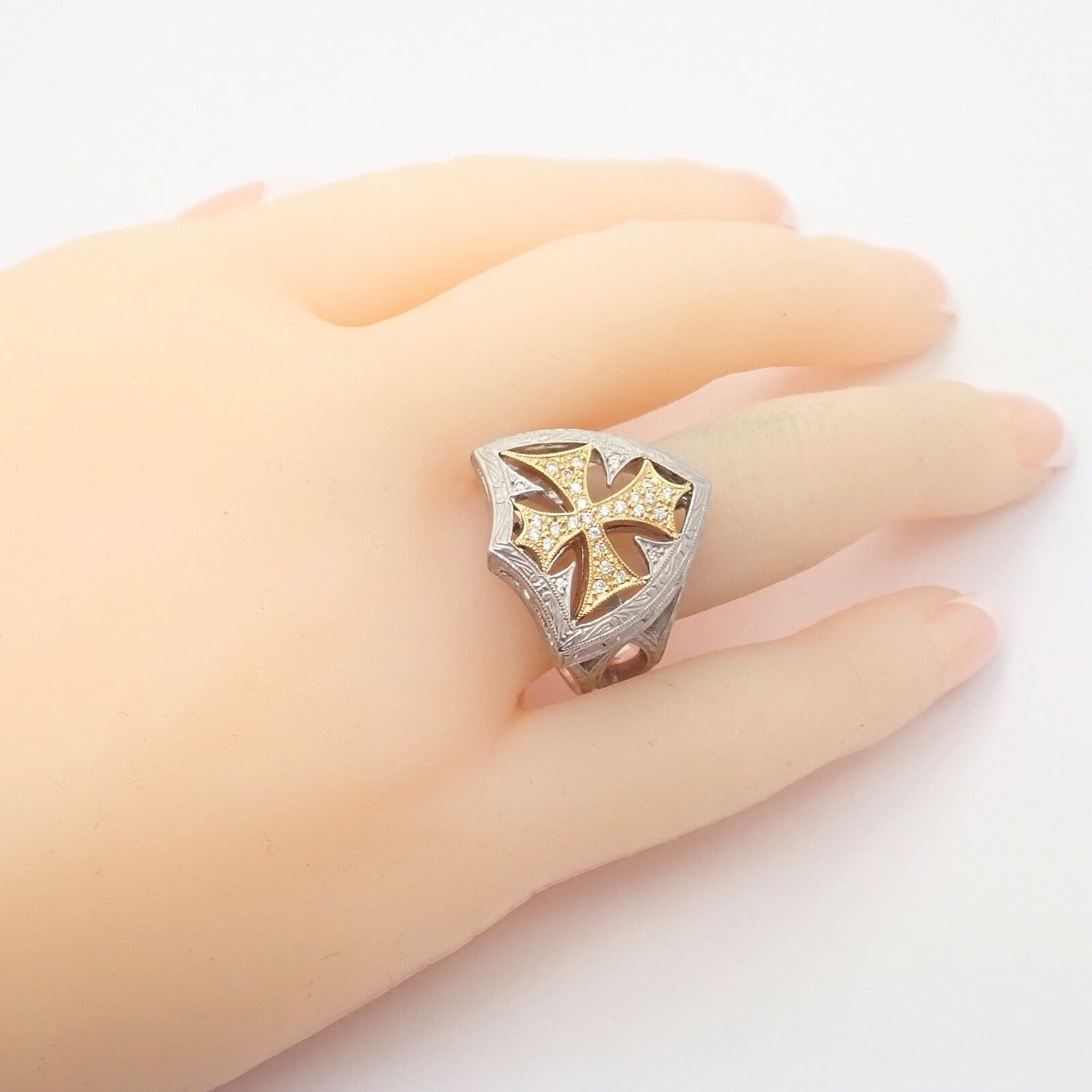 Authentic 18k White & Yellow Gold Diamond Cross Shield Crest Ring by Loree Rodkin - Luxury Religious Jewelry for Men & Women, Perfect for Gifts, Weddings & Special Occasions