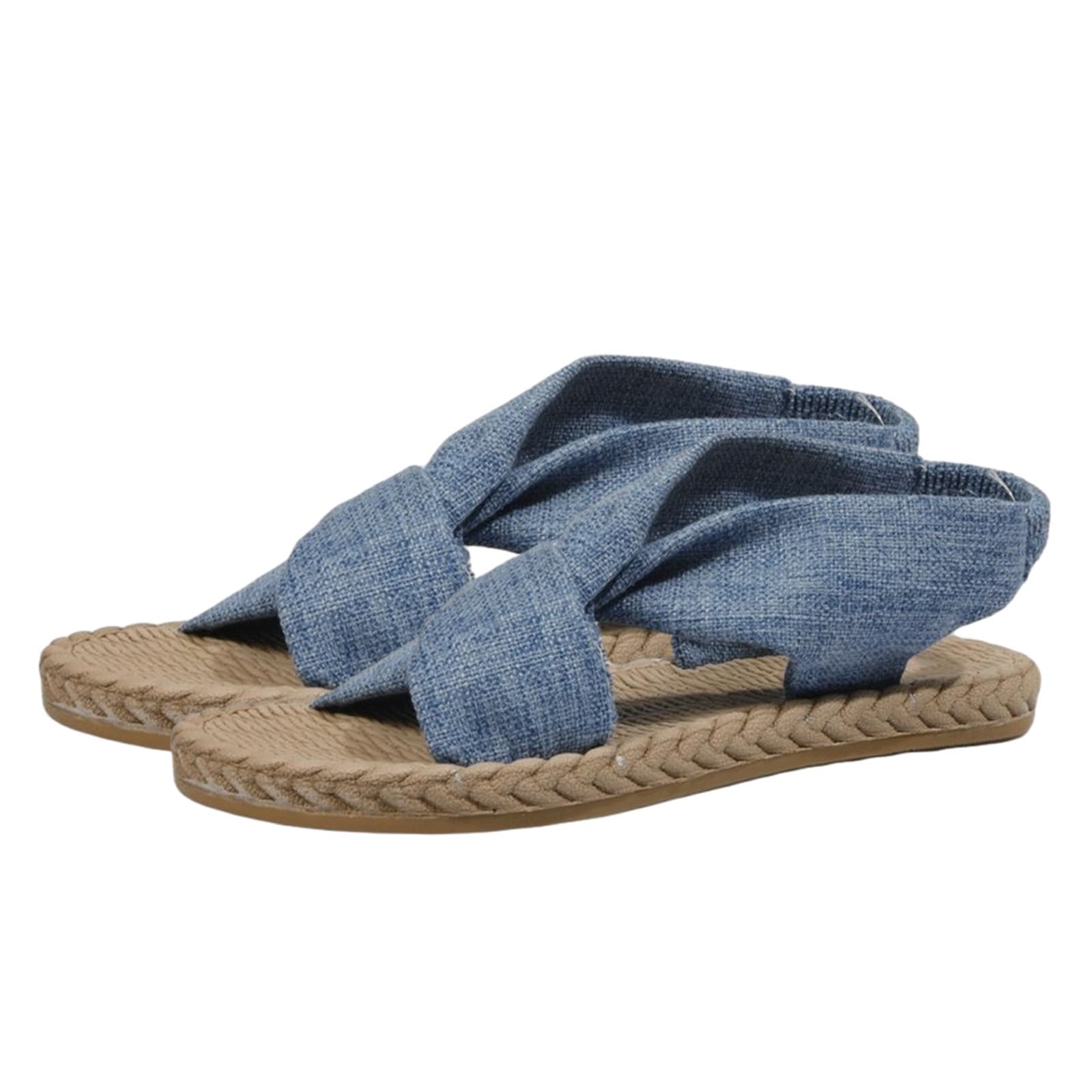 Women's Comfortable Straw Linen Roman Sandals - Breathable Elastic Flat Beach Sandals for Wide Feet | Perfect for Summer Vacation, Walking & Casual Outings