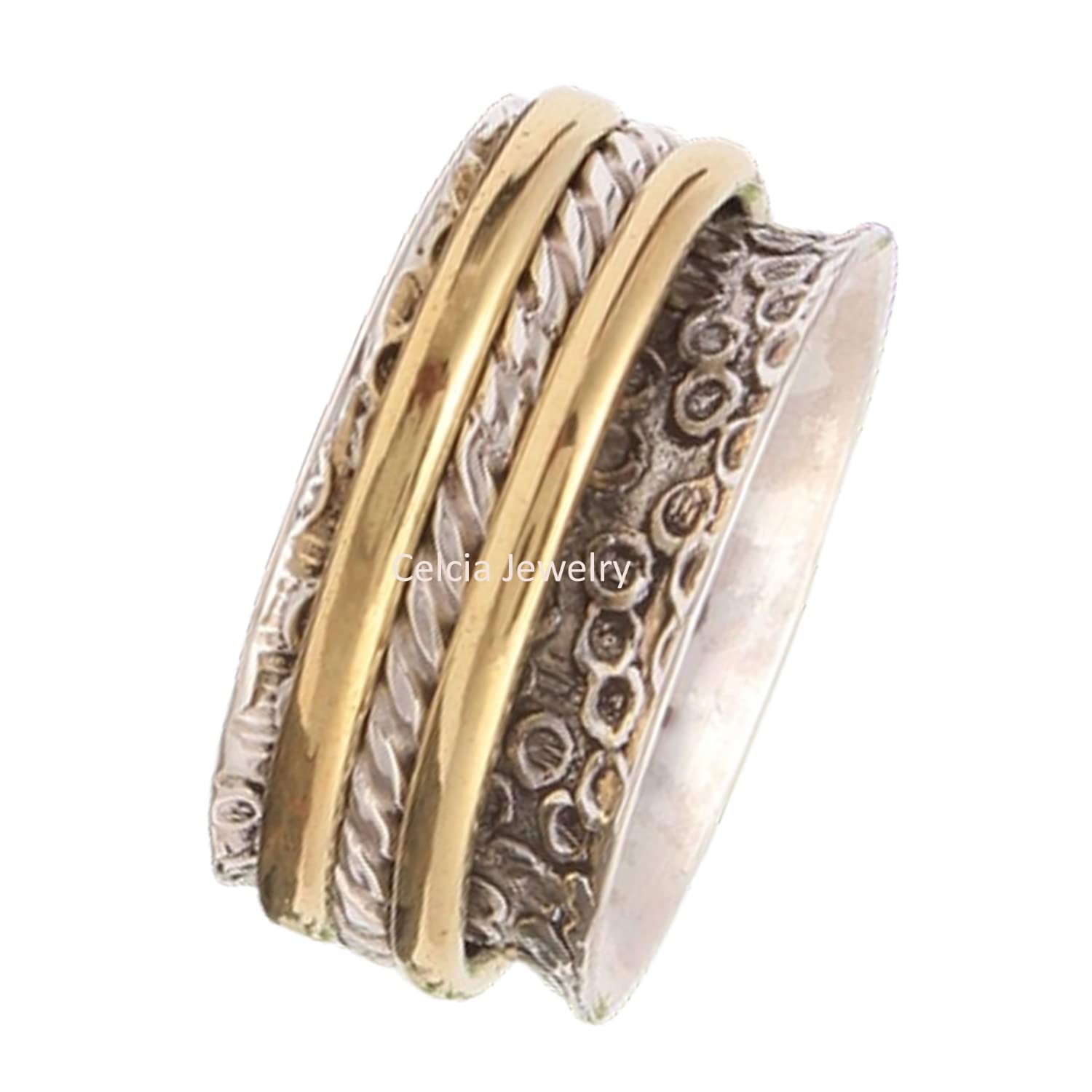 Twisting Spinner Ring for Anxiety Relief - Unique Meditation Worry Ring with Smooth Spinning Motion - Boho Style Two Tone Statement Jewelry - Perfect Birthday Gift for Women & Men (Size 7) - Great for Stress Relief, Focus & Fidgeting at Work or Home