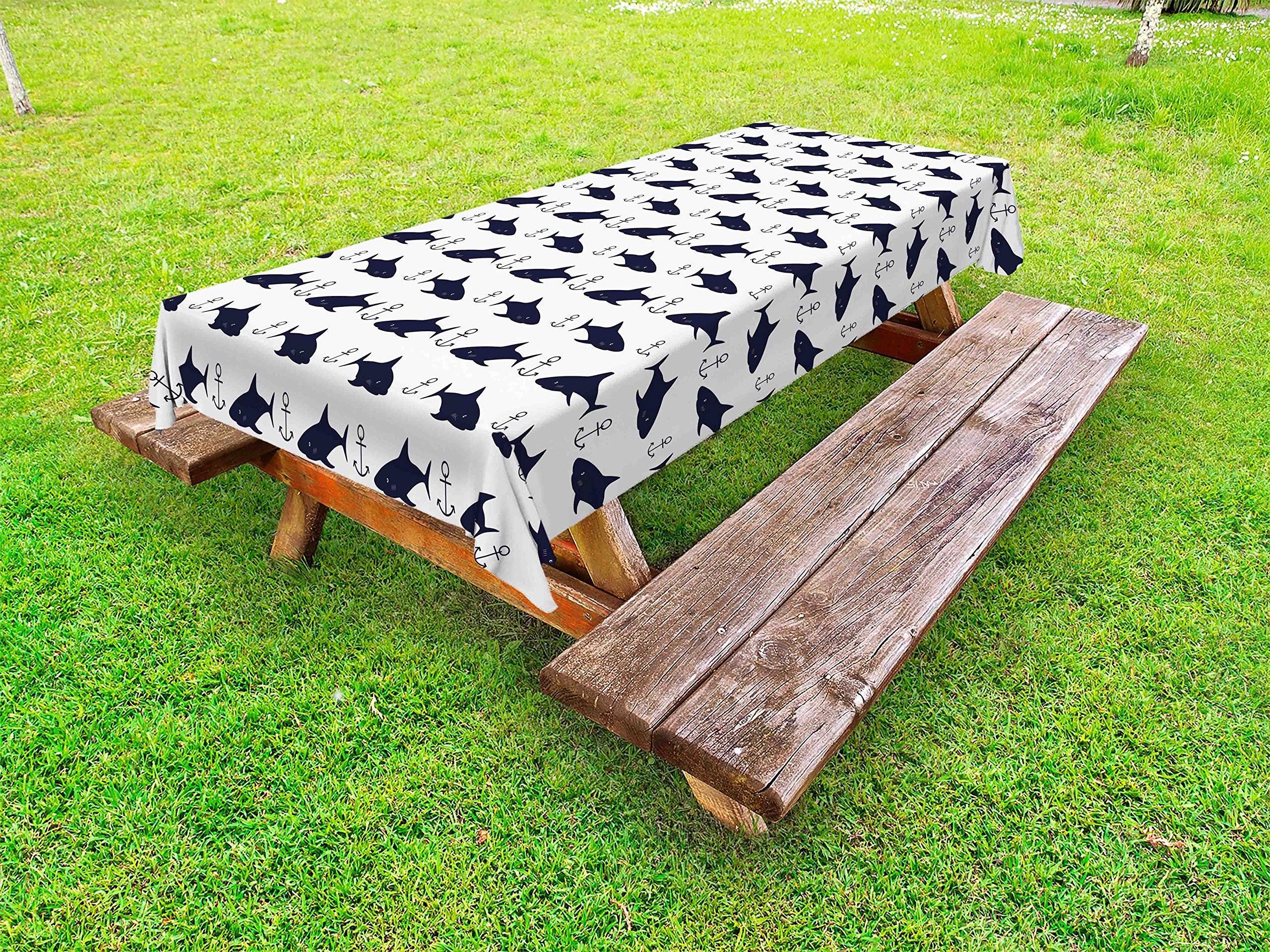 Ambesonne Waterproof Outdoor Tablecloth - Modern Anchor & Shark Design, Washable Picnic Table Cover 58x104 Inches, Indigo & White - Perfect for Beach Parties, BBQs, and Outdoor Dining