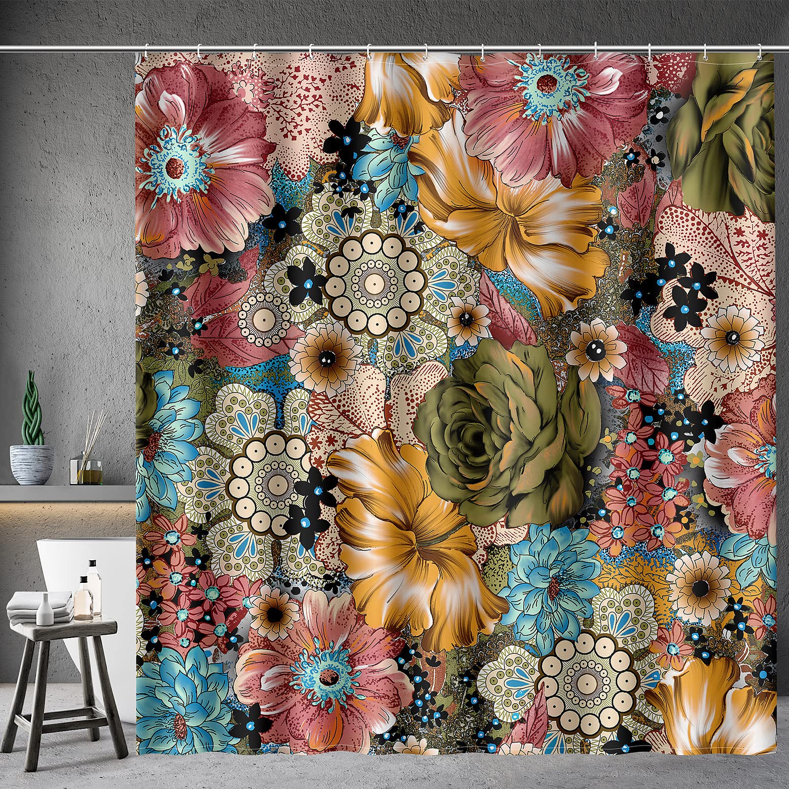 Boho Floral Shower Curtain - Colorful Bohemian Ethnic Style Bathroom Decor with 12 Hooks, 72×72 Inches - Perfect for Vintage, Farmhouse or Eclectic Bathroom Themes