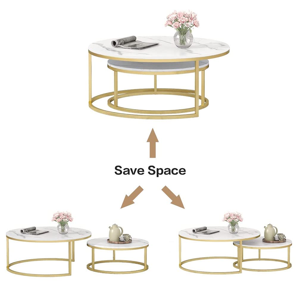 Round Nesting Coffee Table Set of 2 - White Marble Look Table Top with Metal Frame - Modern Side End Tables for Living Room, Bedroom (70+50cm) - Perfect for Snacks, Tea Time and Small Space Decor