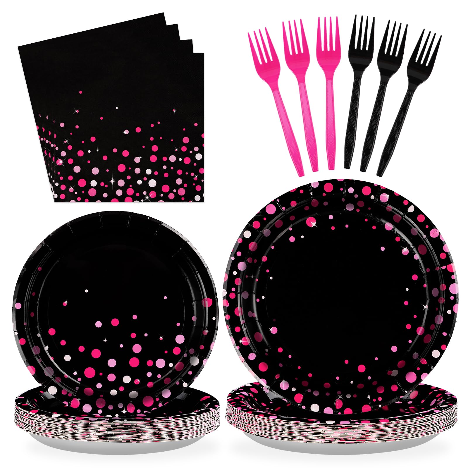96-Piece Hot Pink & Black Party Supplies Set - 350GSM Dotted Party Plates, Napkins - Bachelorette, Birthday, Wedding Tableware Decor (Serves 24) - Perfect for Bridal Showers, Baby Showers & Themed Parties