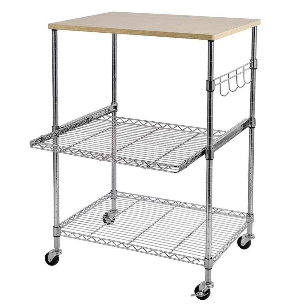 3-Tier Rolling Kitchen Cart with Hooks - Stainless Steel Microwave Stand, Baker's Rack & Storage Shelf on Wheels | Perfect for Small Kitchens, Apartments & Dorm Rooms | Space-Saving Mobile Workstation for Microwave, Spices & Cooking Essentials