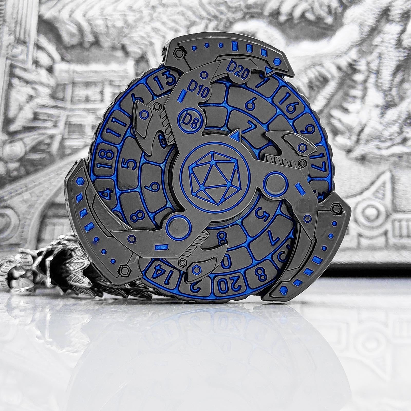 2024 Shadow Roulette Dice Spinner - 7-in-1 Metallic D&D Dice Set for Dungeons & Dragons, RPG Tabletop Games | Dragon-Themed Blue Silver Dice with Gift Case | Perfect for DND Campaigns, Game Nights & Roleplaying Gifts