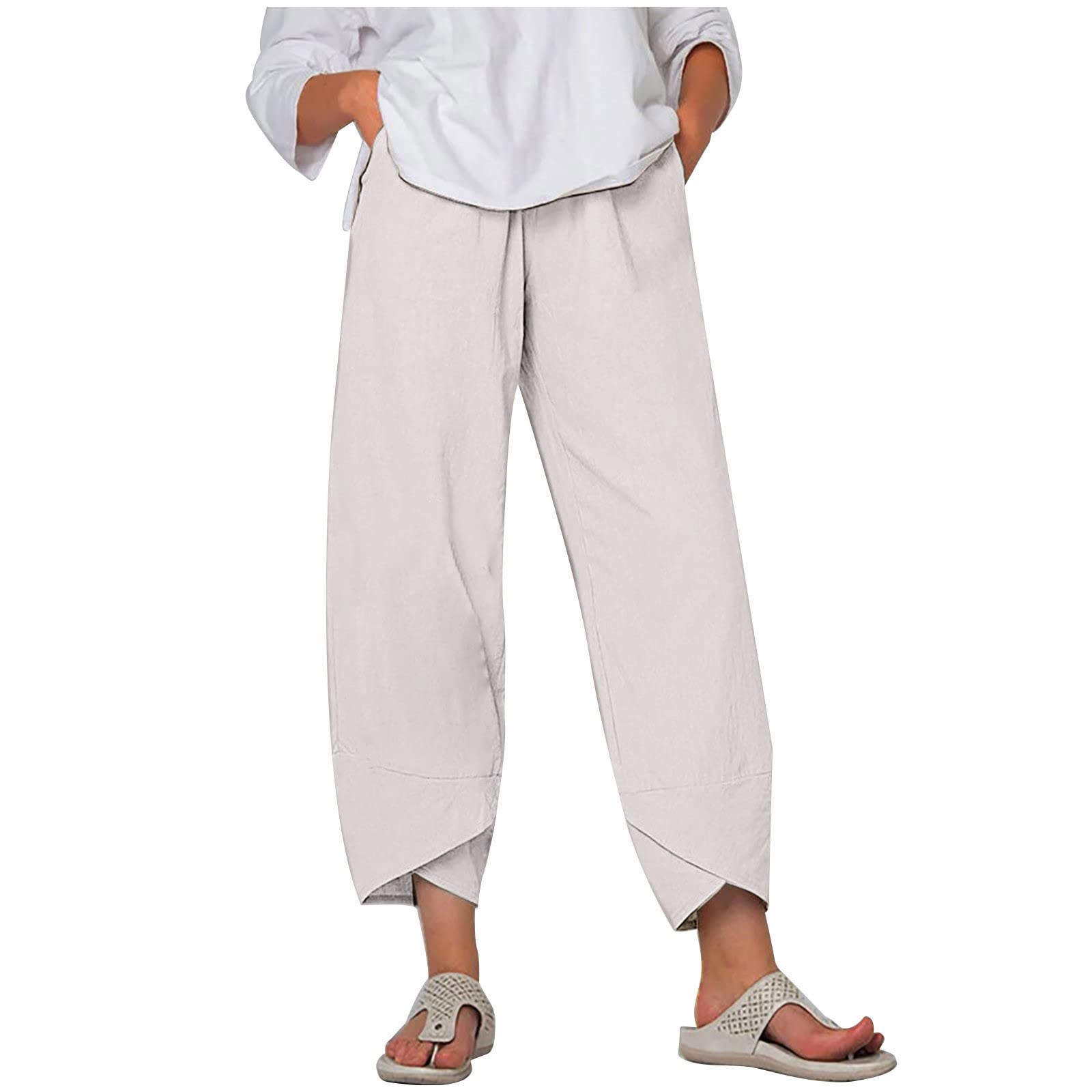 aihihe Women's Casual Wide Leg Pants - Summer Baggy Cotton Linen Harem Sweatpants with Pockets | Boho Capri Pants for Beach, Yoga & Lounge Wear