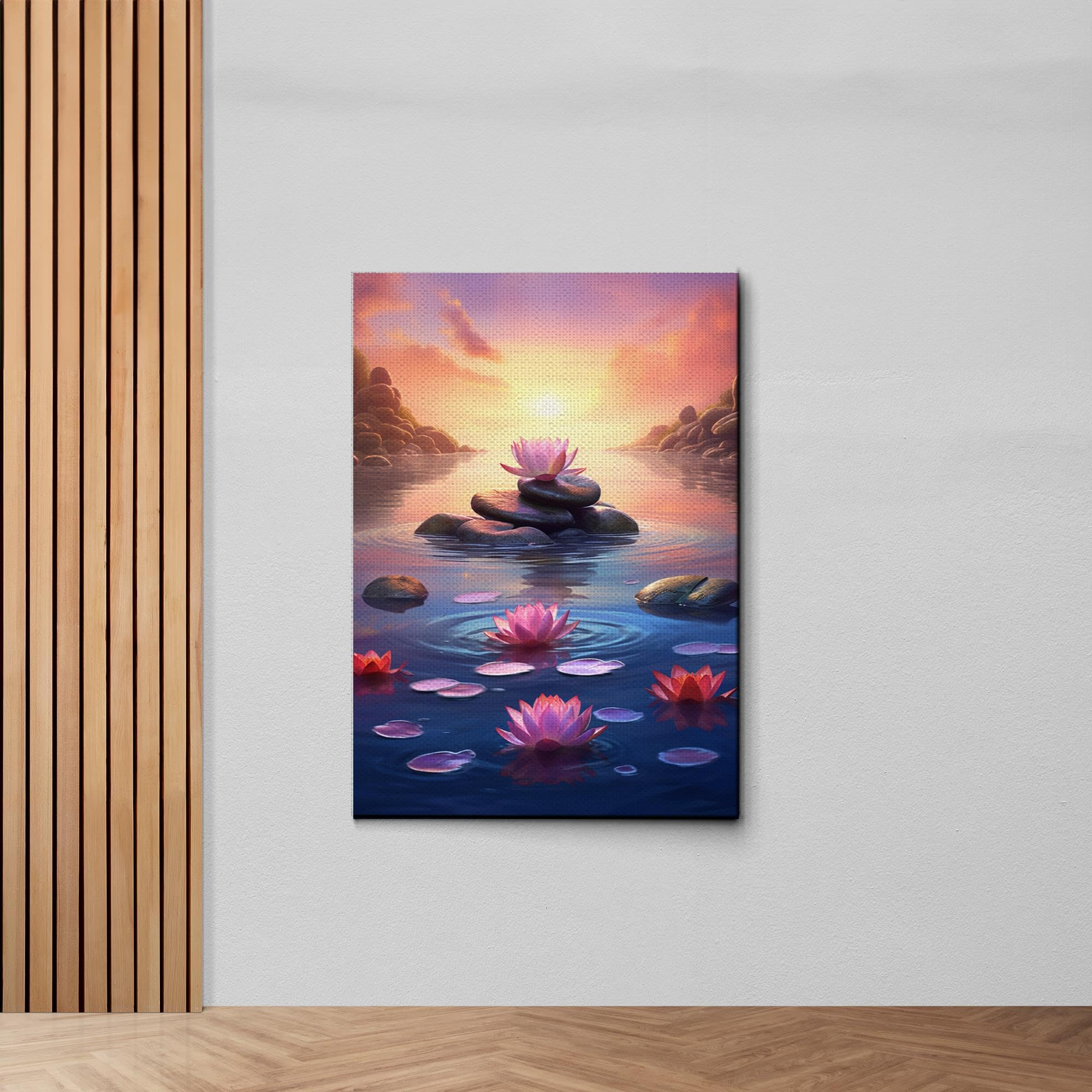 Zen Wall Art Decor - Framed Canvas Zen Garden with Stone Flower & Peaceful Water Sunset Print - Meditation & Yoga Room Decor for Home, Office, Spa - Perfect for Relaxation & Mindfulness Spaces