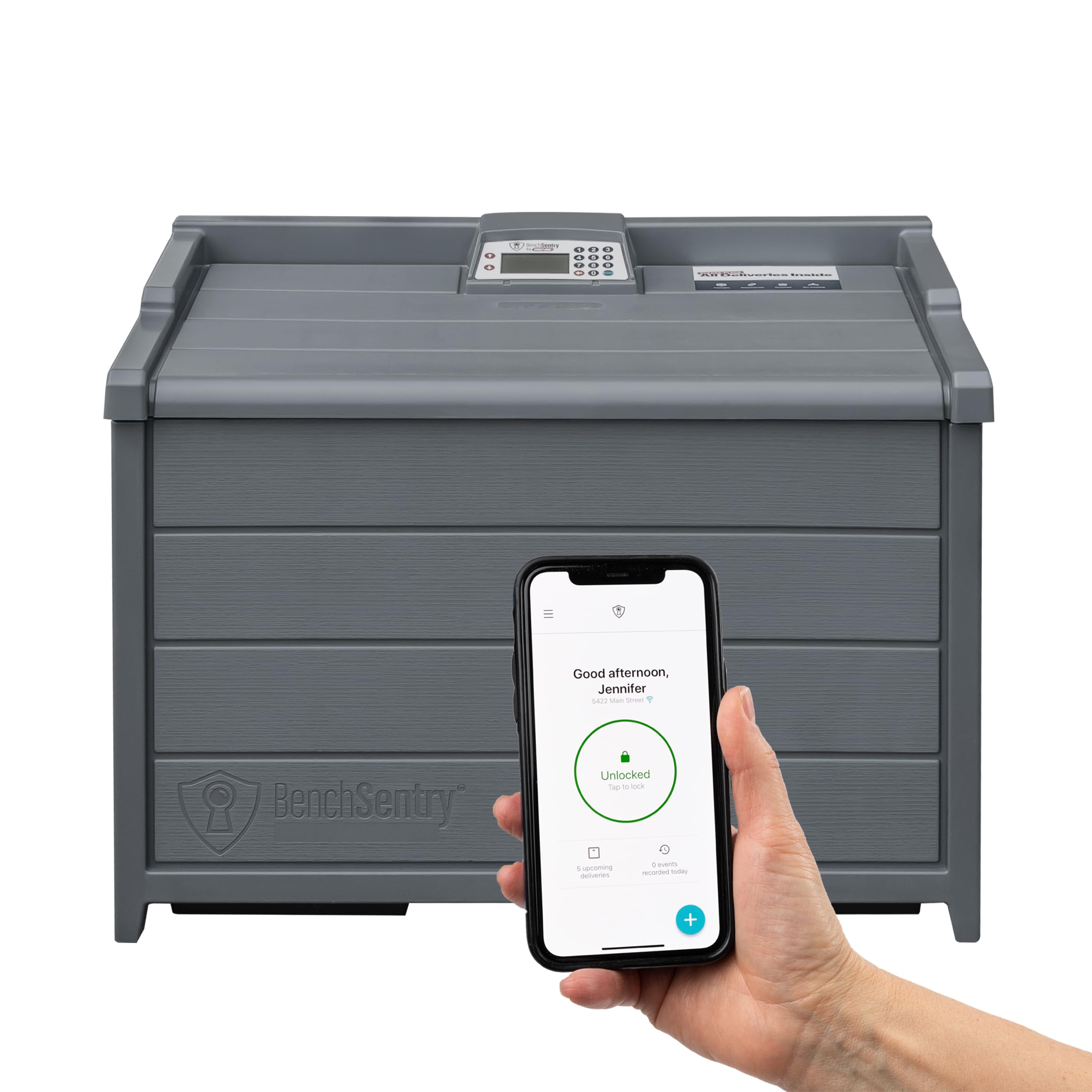 Genie Slate BenchSentry Connect Outdoor Package Delivery Box - Secure Parcel Drop Box for Porch, Yard & Front Door - Perfect for Online Shopping & Contactless Deliveries
