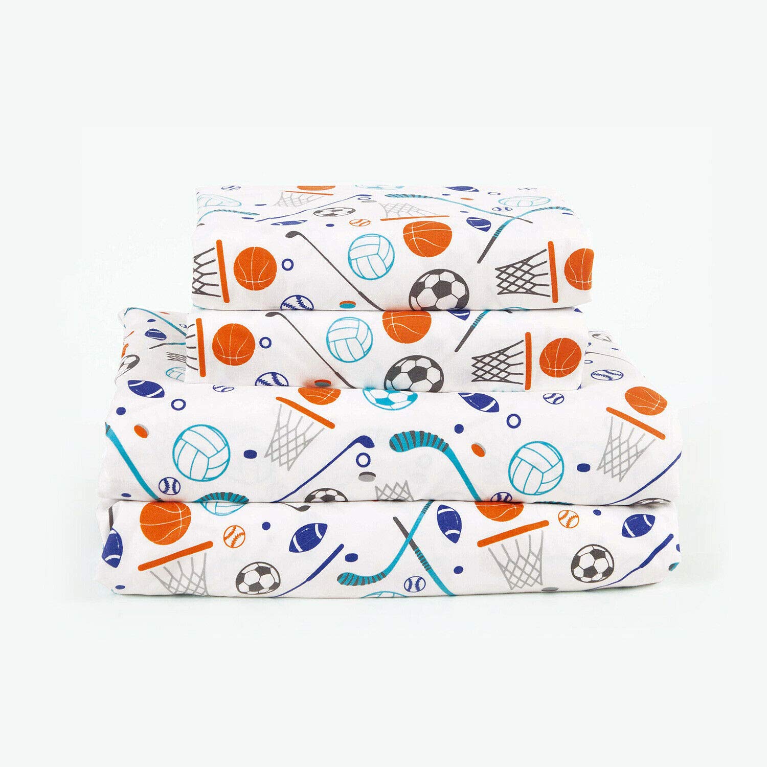 4-Piece Full Court Sports Bed Sheet Set - Deep Pocket Microfiber Sheets for Basketball, Soccer, Football & Hockey Fans - Blue & Orange Team Colors - Perfect for Dorm Rooms, Game Day Decor & Sports Themed Bedrooms