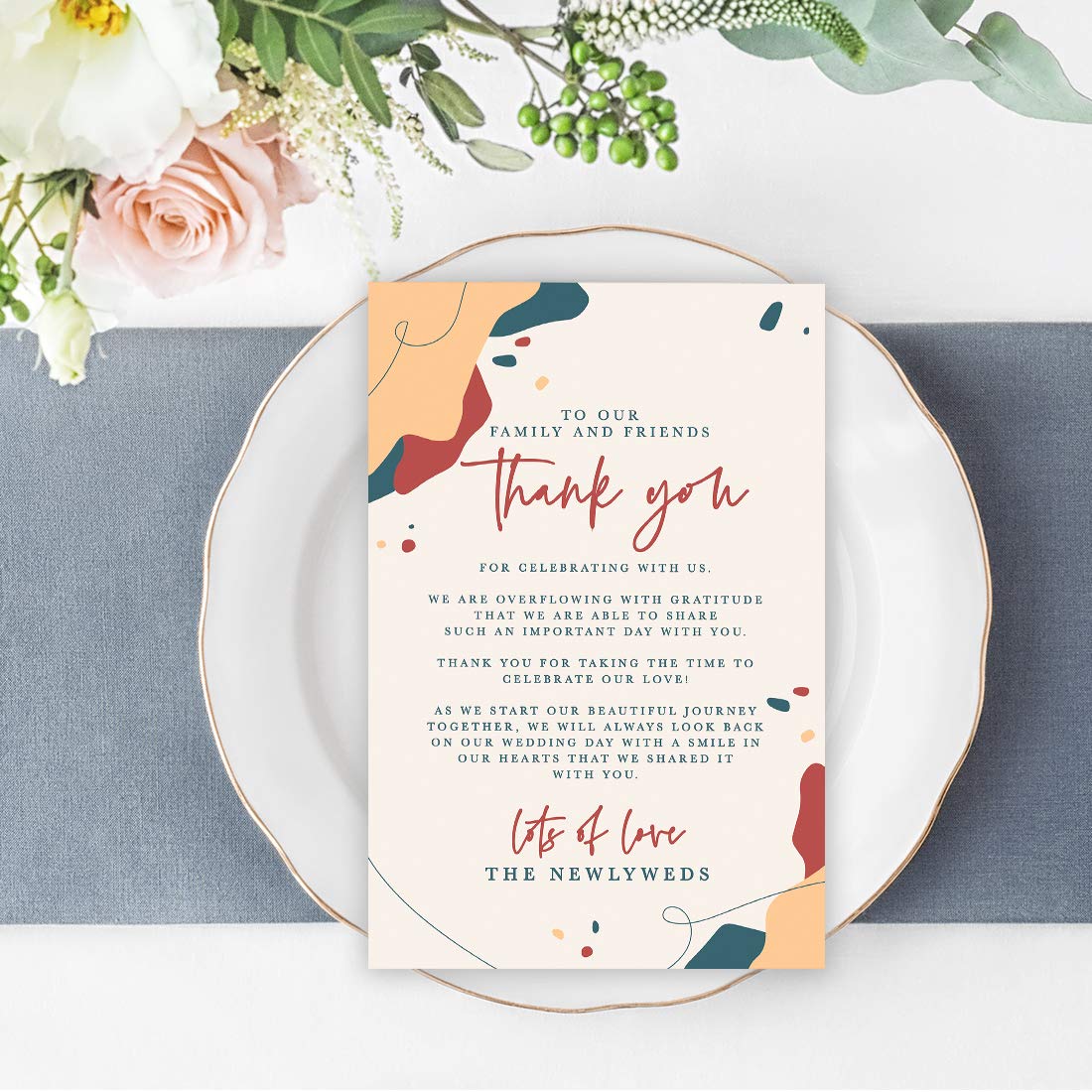 Andaz Press Abstract Terracotta Wedding Thank You Place Cards - 56-Pack, 4 x 6 Inch - Elegant Table Setting Cards for Wedding Reception, Dinner Plates & Seating Decorations - Perfect for Guests, Family & Friends - Ideal for Rustic, Boho or Autumn Wedding Themes