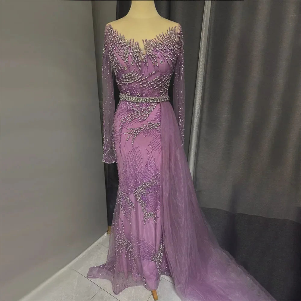 Elegant Purple Mermaid Evening Gown with Beaded Skirt & Lace-Up Detail - Women's Formal Dress for Wedding, Prom, Party & Special Occasions | LA72376