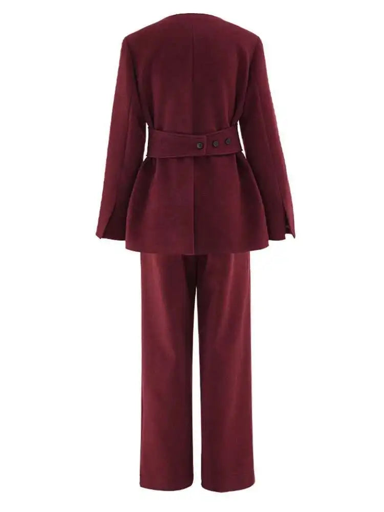 Women's Big Size Red Blazer & Wide Leg Pants Two-Piece Suit - V-Neck Long Sleeve Fashion Set for Spring Autumn 2025 | Office Wear, Business Attire, Formal Occasions