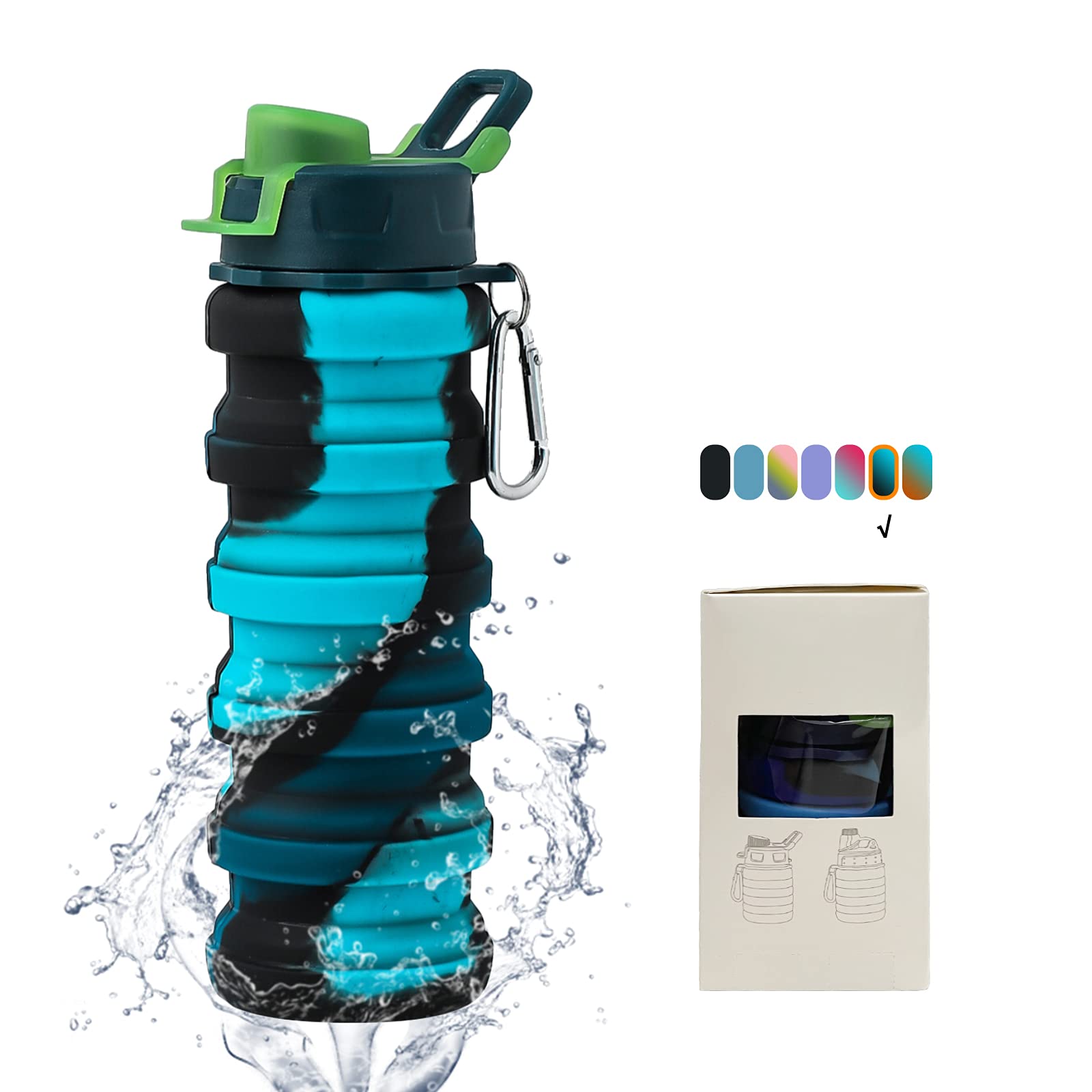Collapsible Water Bottle 16oz - BPA Free Silicone Foldable Water Bottle for Kids & Adults - Portable Travel Cup for Hiking, Camping, Sports & Outdoor Activities - Includes Carabiner Clip - Blue Camouflage Design