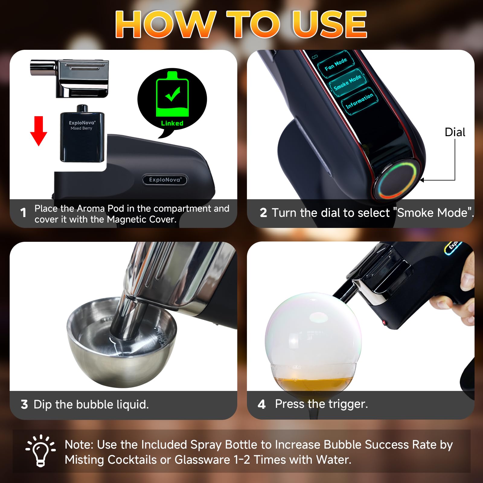 Electric Aroma Blaster 2 - Cocktail Smoke Gun with 5 Flavor Aroma Pods & Edible Bubbles for Food & Drink Decoration | Perfect for Bars, Parties, Home Use & Easter Gifts | Enhance Cocktails, Desserts & Special Events