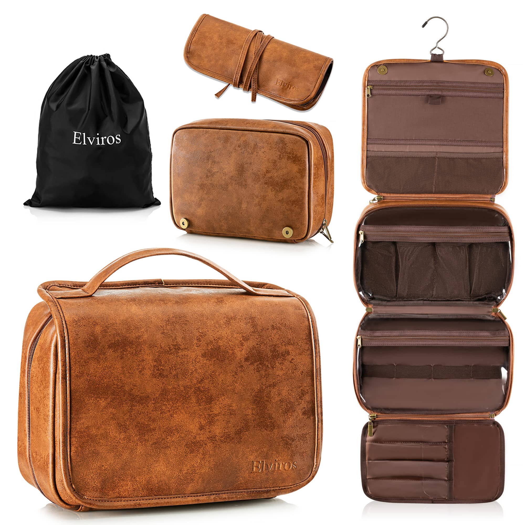 Elviros 3-in-1 Hanging Toiletry Bag for Men - Large Waterproof PU Leather Dopp Kit with Separate Compartments | Travel Shaving & Grooming Organizer | Perfect for Business Trips, Camping & Gym Essentials