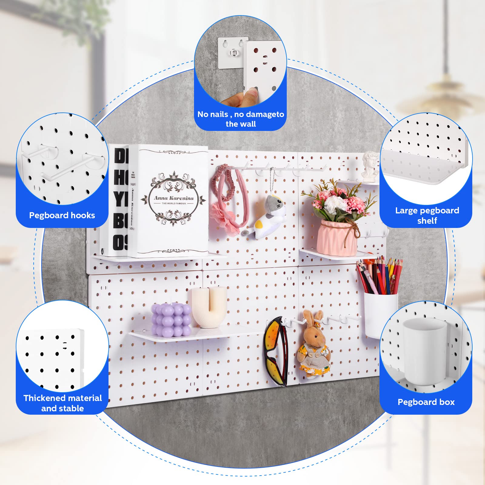Chunful 58-Piece Pegboard Organizer Kit - Plastic Wall Mount Panel with Storage Boards, Buckets & Hooks - Perfect for Craft Room, Garage, Kitchen & Office Organization (White)
