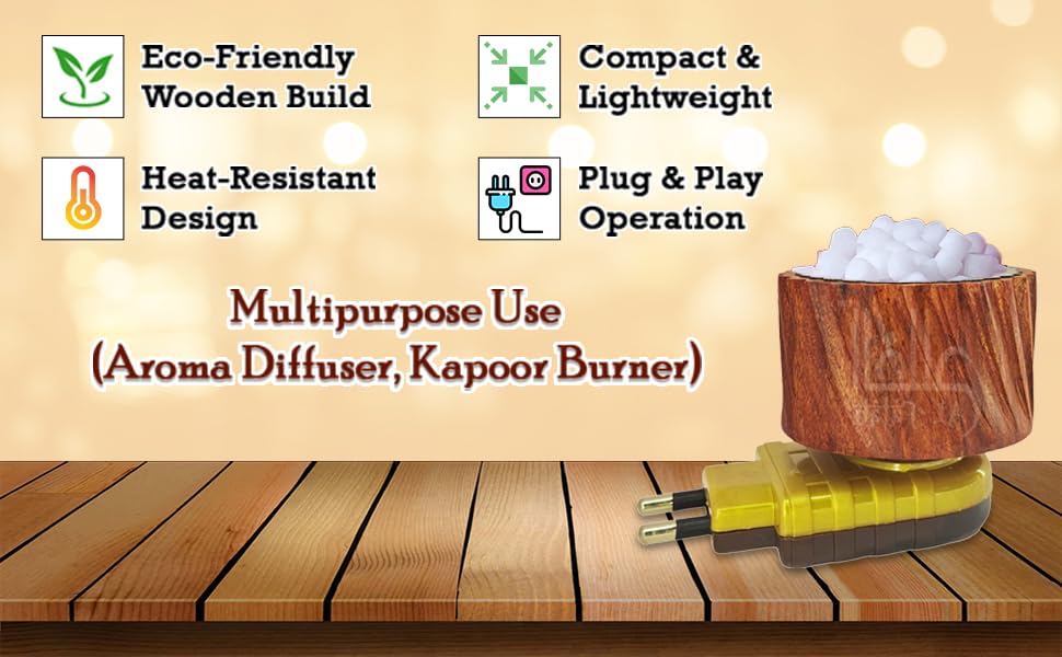Premium Electric Aroma Burner - Wooden Camphor & Incense Diffuser for Home, Yoga, Meditation & Relaxation | Kapoor Dani Electric | Scented Air Freshener