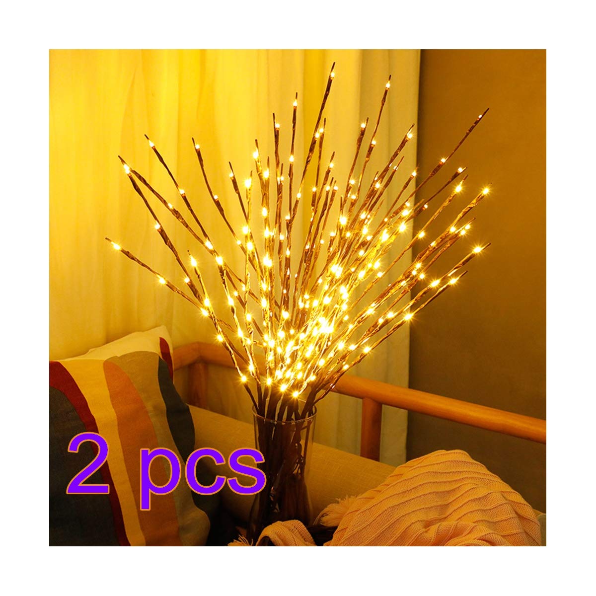 BELUPAI 30-Inch LED Willow Branch Lights - Battery Operated Artificial Twig Lights with Warm White Glow for Christmas, Home, Wedding, and Party Decorations - Indoor & Outdoor Decorative Lighting