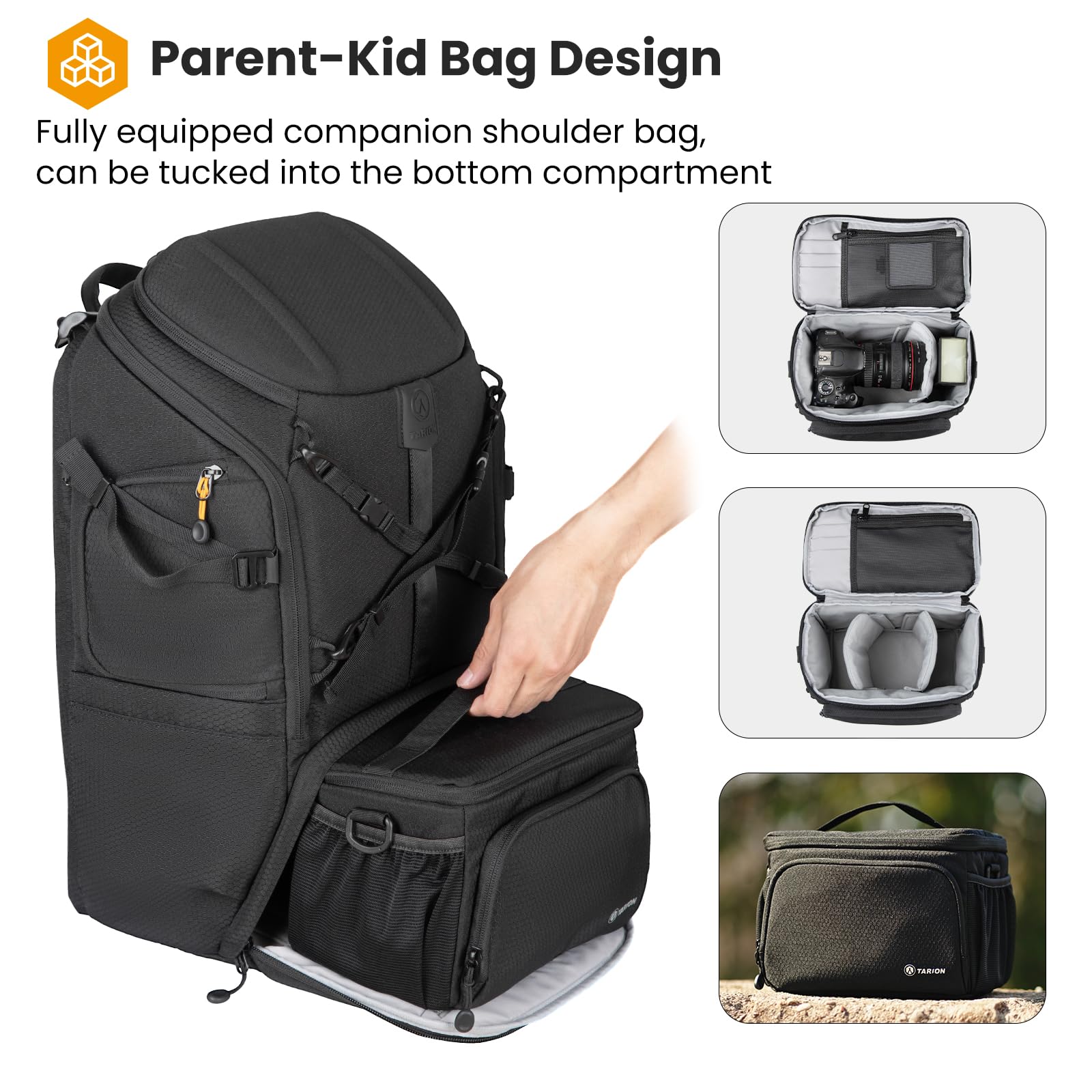 TARION Large Camera Backpack for DSLR & Drone - Waterproof Photography Bag with Dual-Side Opening & Rain Cover - Travel Rucksack for Photographers (Hexagon Series) - Perfect for Outdoor Shooting, Travel Adventures and Professional Photography