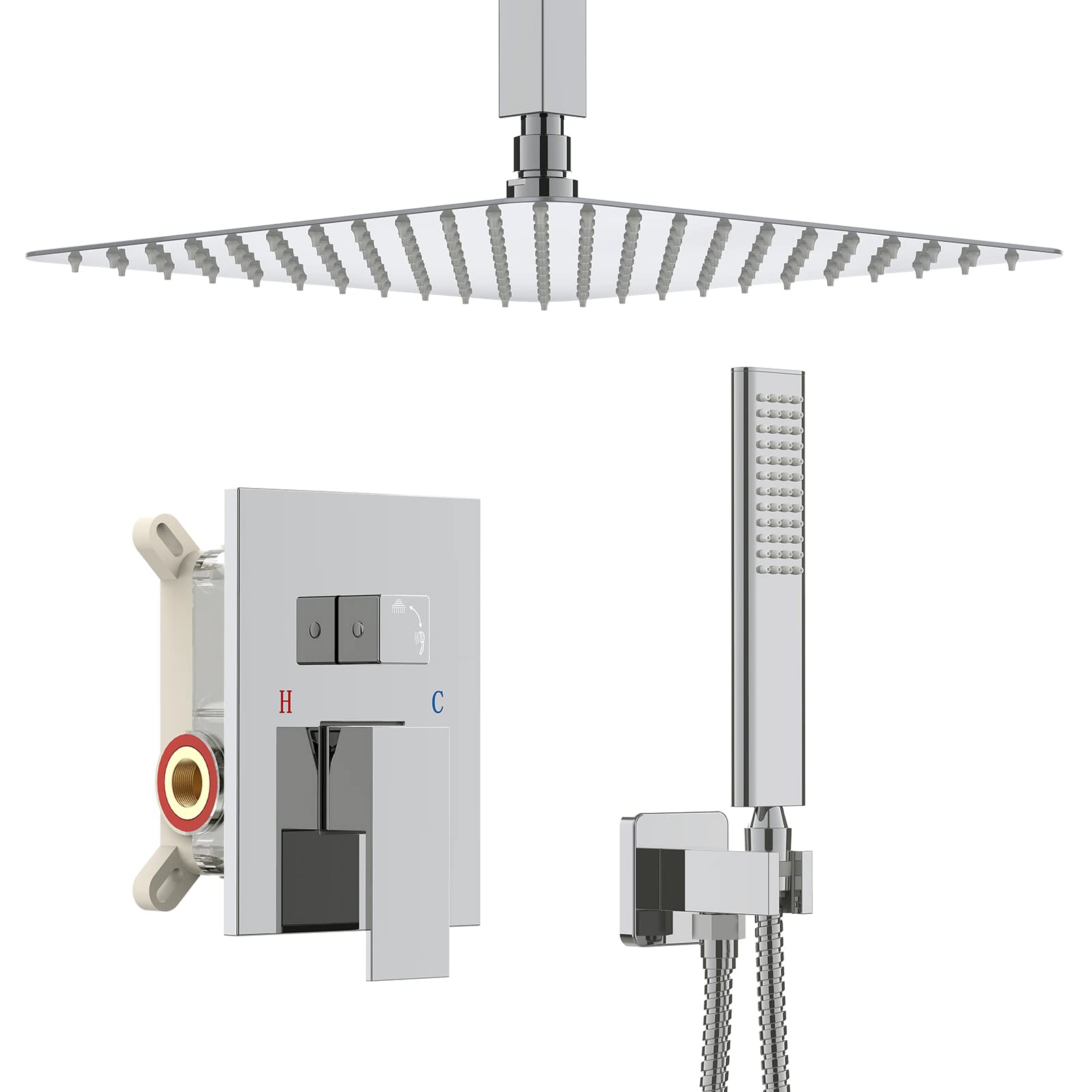 10 Inch Ceiling Mount Rain Shower System with Handheld - Polished Chrome Bathroom Shower Set Including Faucet Mixer, Rough-in Valve & Trim Kit - Perfect for Modern Spa-Like Showers and Luxurious Bathroom Upgrades