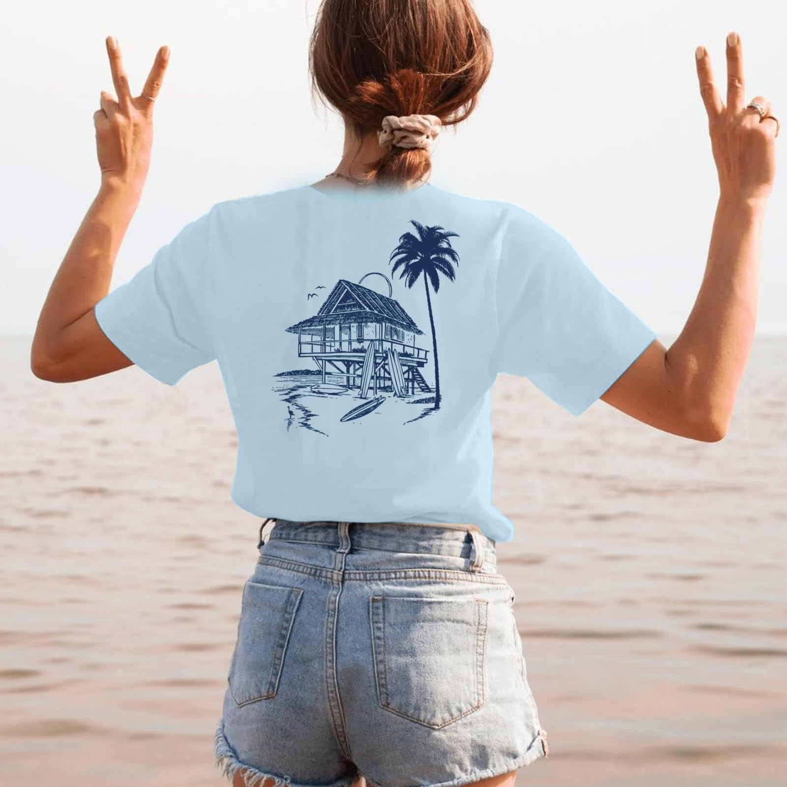 Tuislay Women's Oversized Beach Shirts - Palm Tree Graphic Hawaiian Vacation T-Shirts | Light Blue L | Summer Casual Wear, Tropical Getaway, Poolside Relaxation