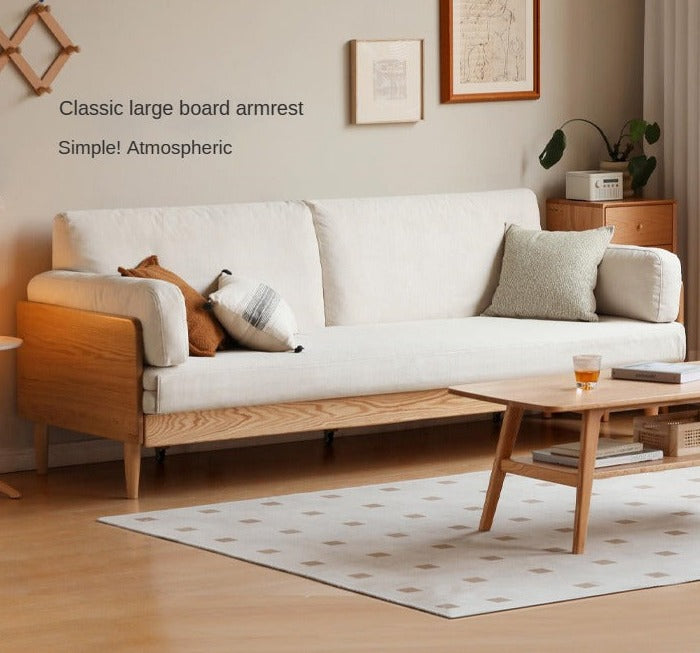 Oak Solid Wood Sofa Bed with Folding White Goose Feather Cushions - Convertible Sleeper for Small Spaces & Guest Rooms