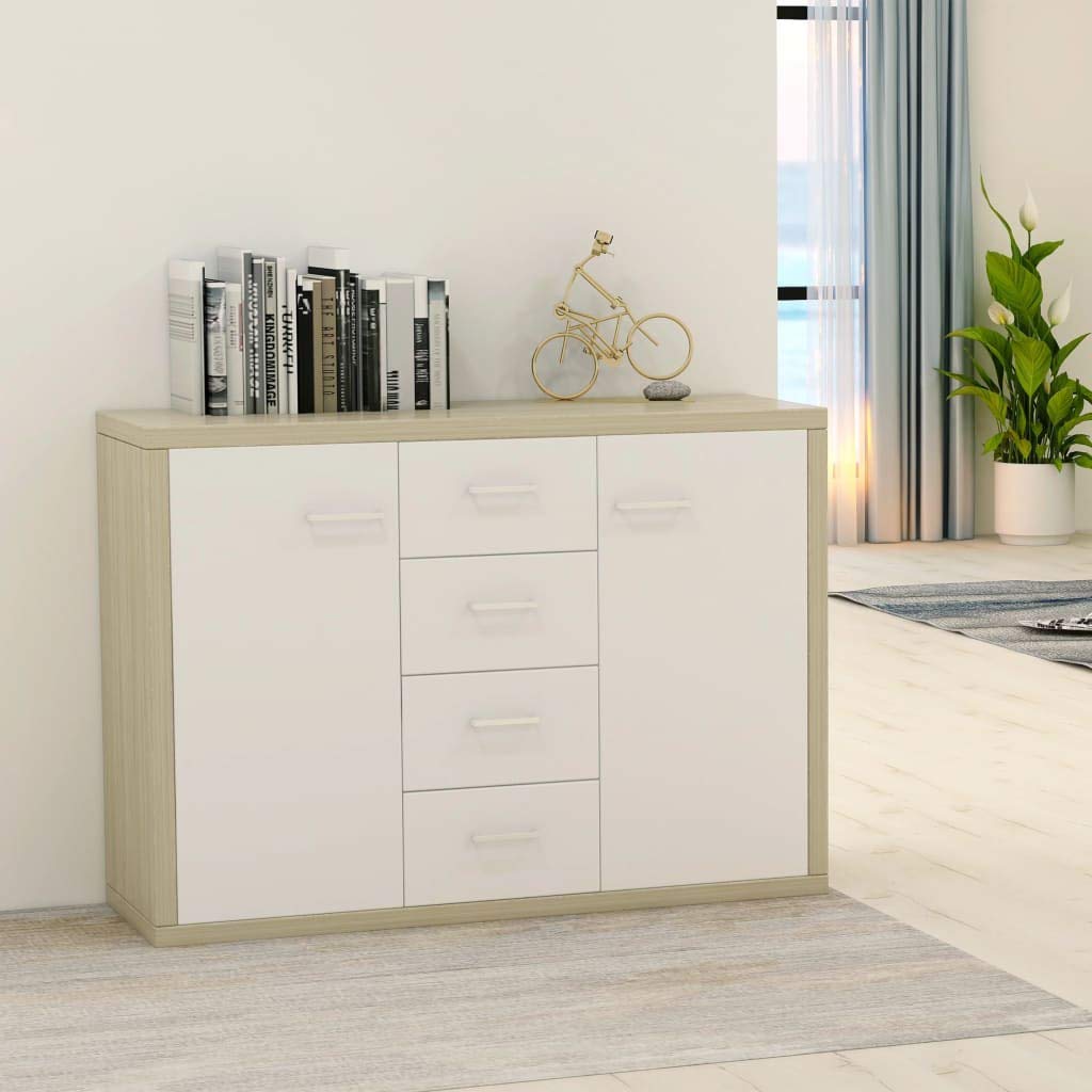 34.6 Inch Buffet Sideboard Cabinet - White & Sonoma Oak Storage Console Table for Entryway, Living Room & Dining Room - Chipboard Entry Furniture with Shelves (11.8x29.5 Inches) - Perfect for Home Organization & Display Decor