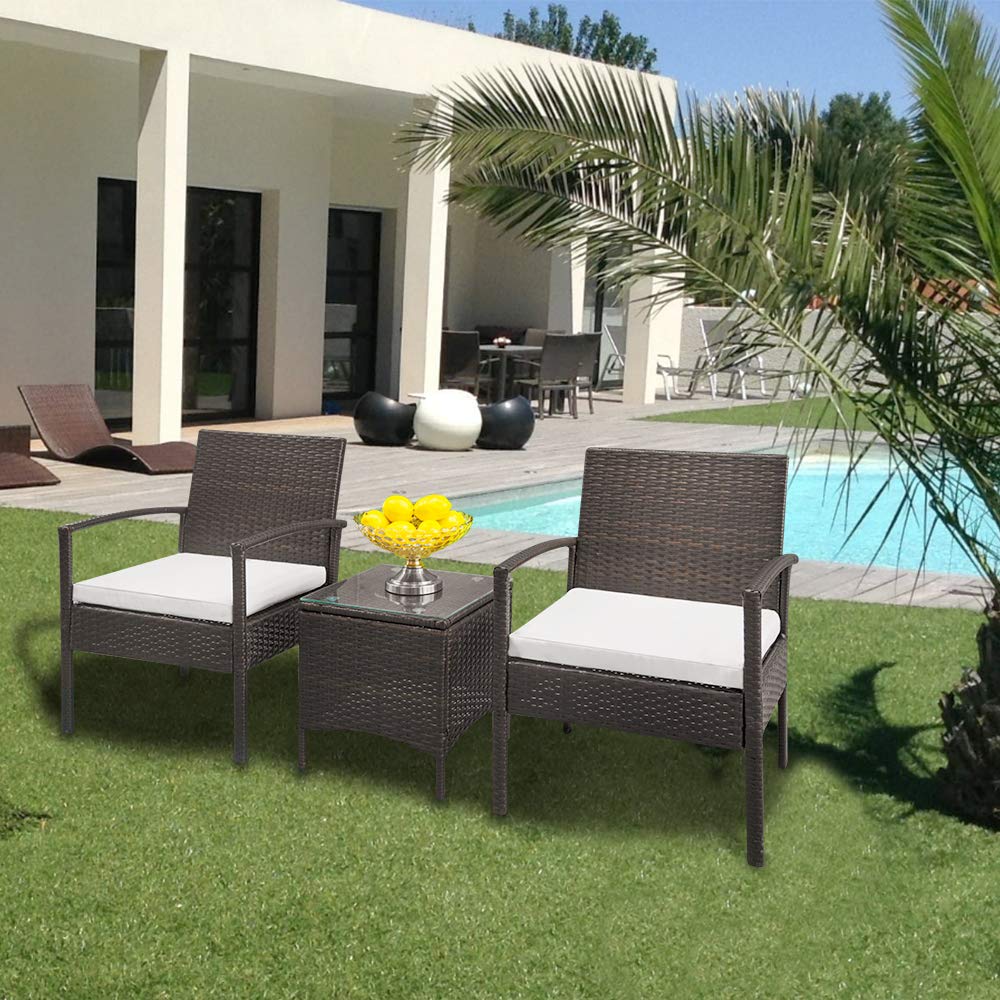 3-Piece Wicker Patio Furniture Set - PE Rattan Outdoor Conversation Set with Glass Table & Cushions for Patio, Balcony, Porch (Brown Gradient & White) - Perfect for Backyard Relaxation, Garden Parties & Outdoor Entertaining