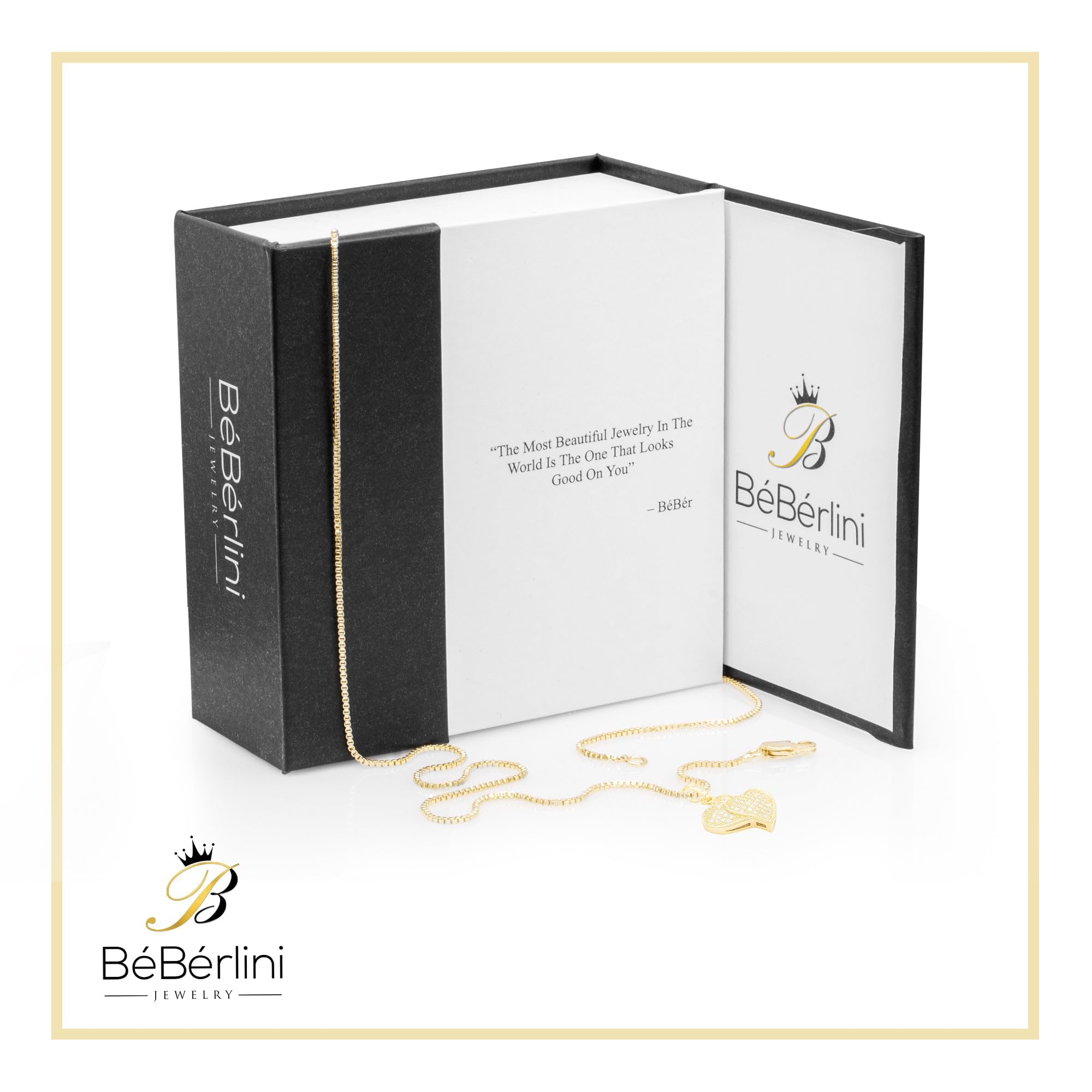 BEBERLINI Heart CZ Charms 14K Gold Filled Box Chain Charm Pendant Necklace Set for Women - 24 Inch Elegant Jewelry Gift for Valentine's Day, Anniversary & Special Occasions
