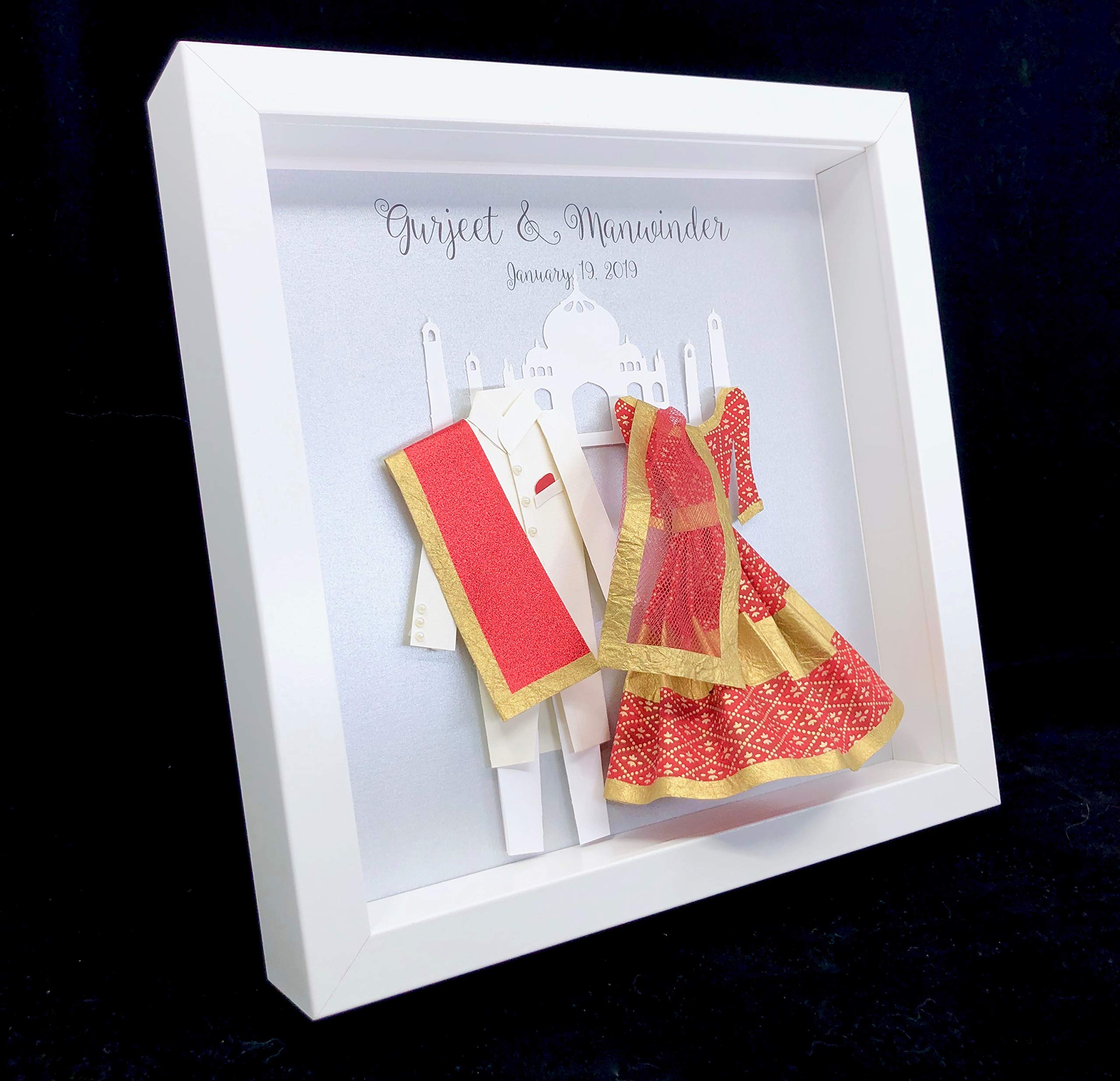 Personalized Indian Wedding Art - Custom Bride & Groom with Taj Mahal Design | First Anniversary Paper Gift | Traditional Saree & Sherwani Couple Portrait | Perfect for Wedding Decor, Anniversary Gifts & Home Décor